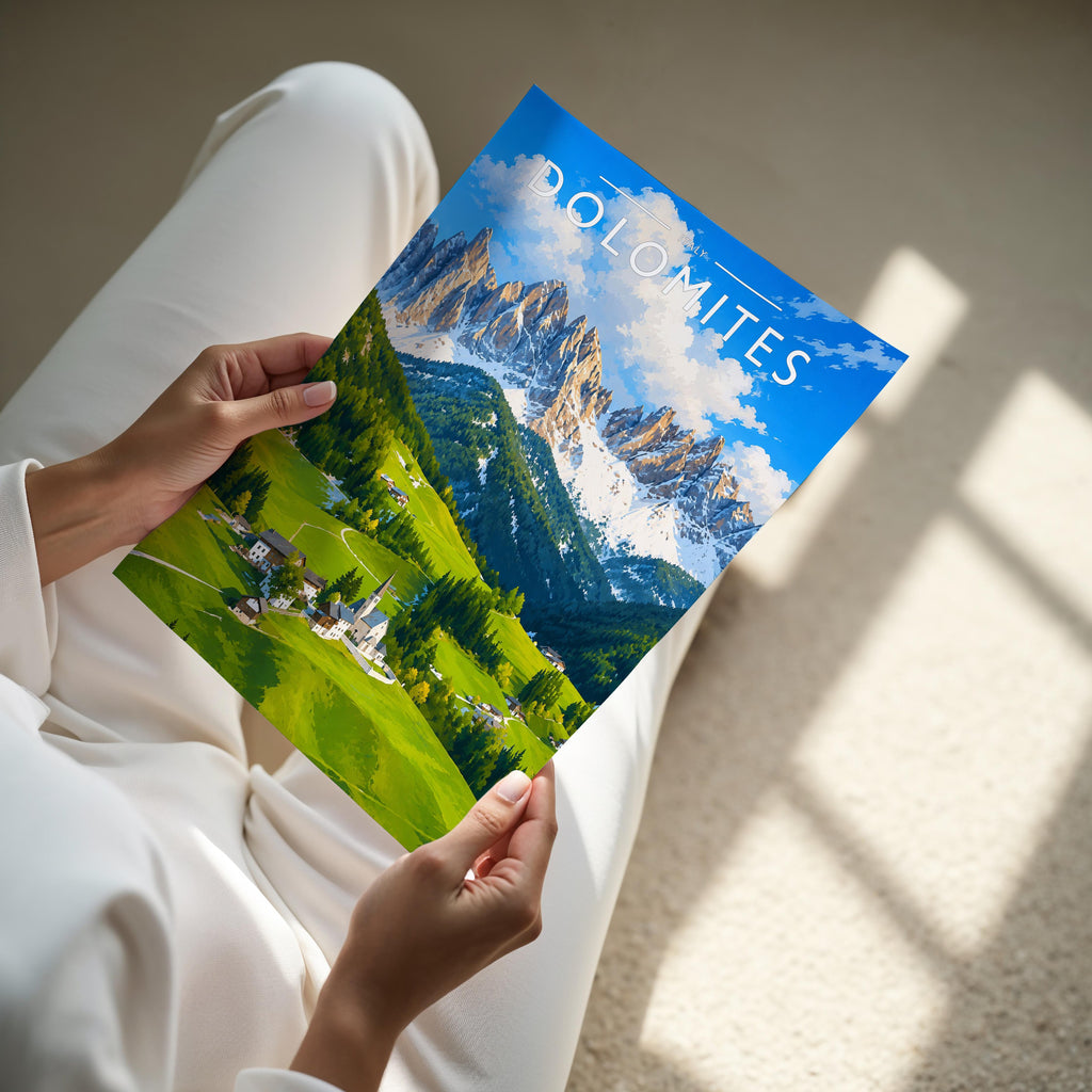 Dolomites Travel Poster - A4 print held in hand