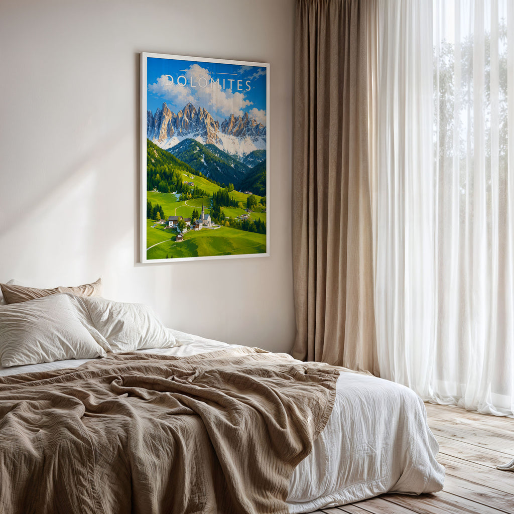 Dolomites Travel Poster framed on a bedroom wall