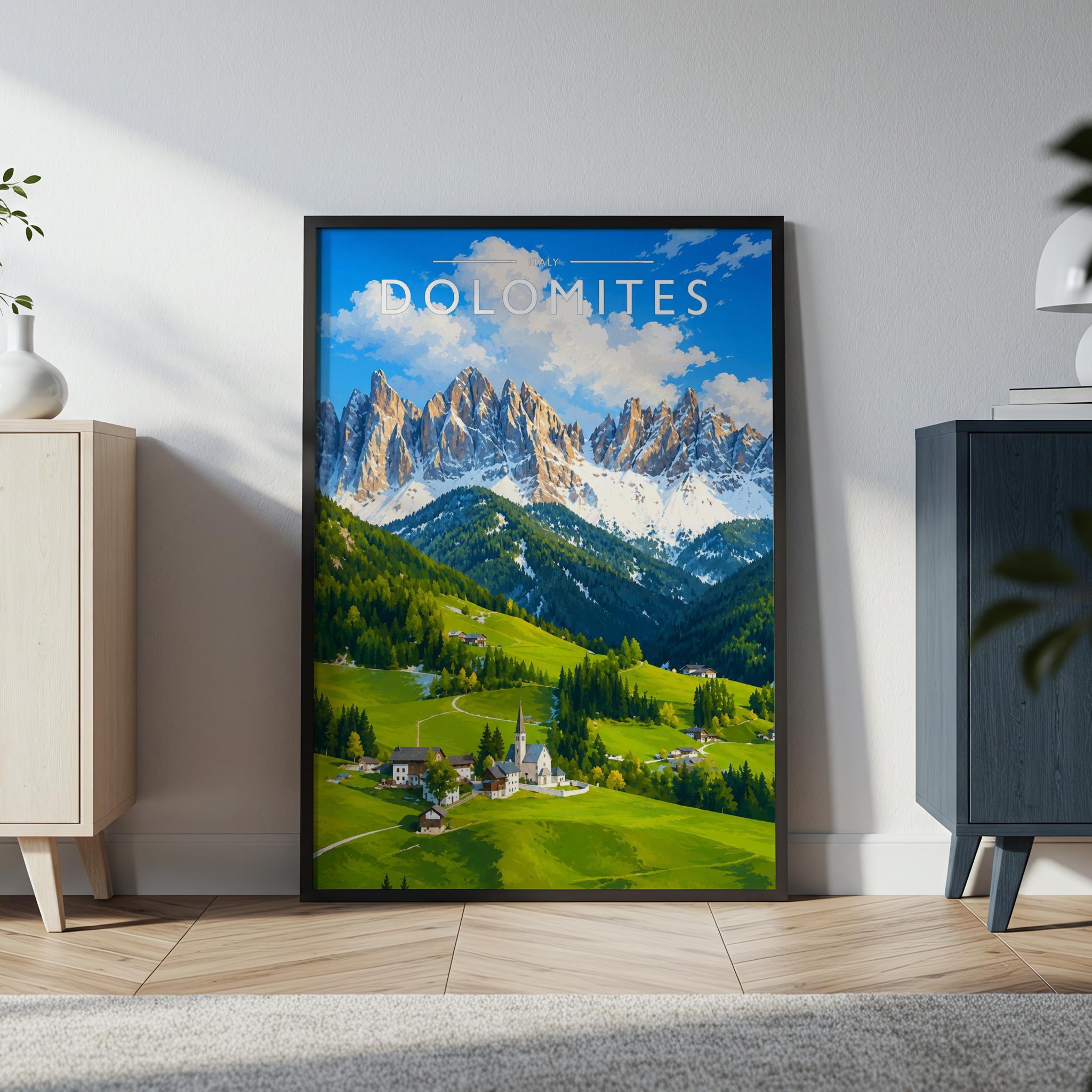 Dolomites Travel Poster in a black frame