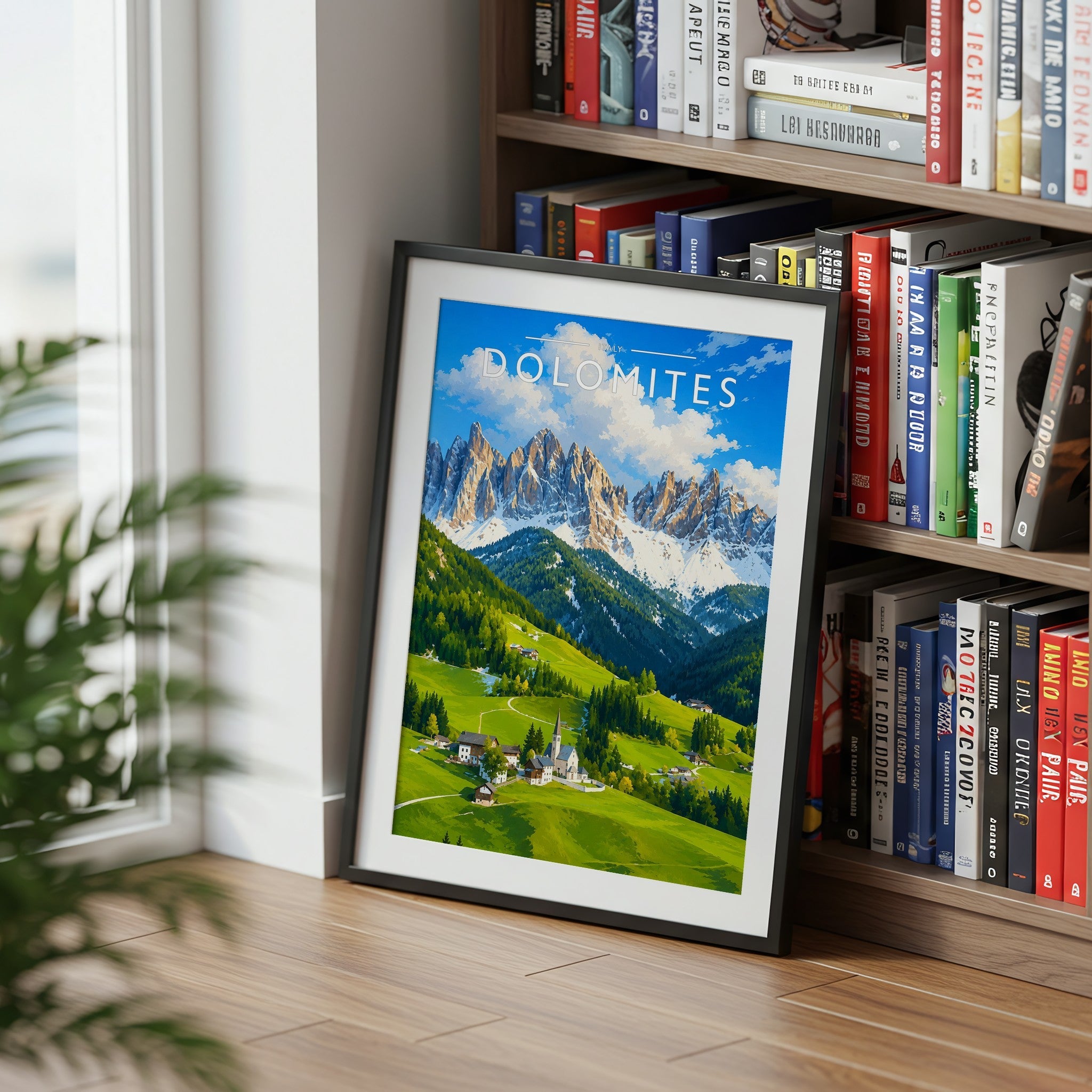 Dolomites Travel Poster mounted in a black frame