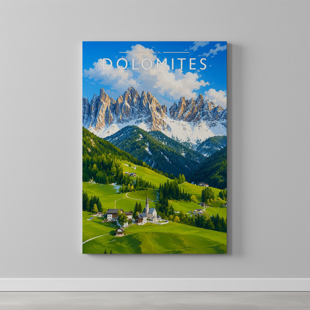 Dolomites Travel Poster as a gallery-wrapped canvas on a plain wall
