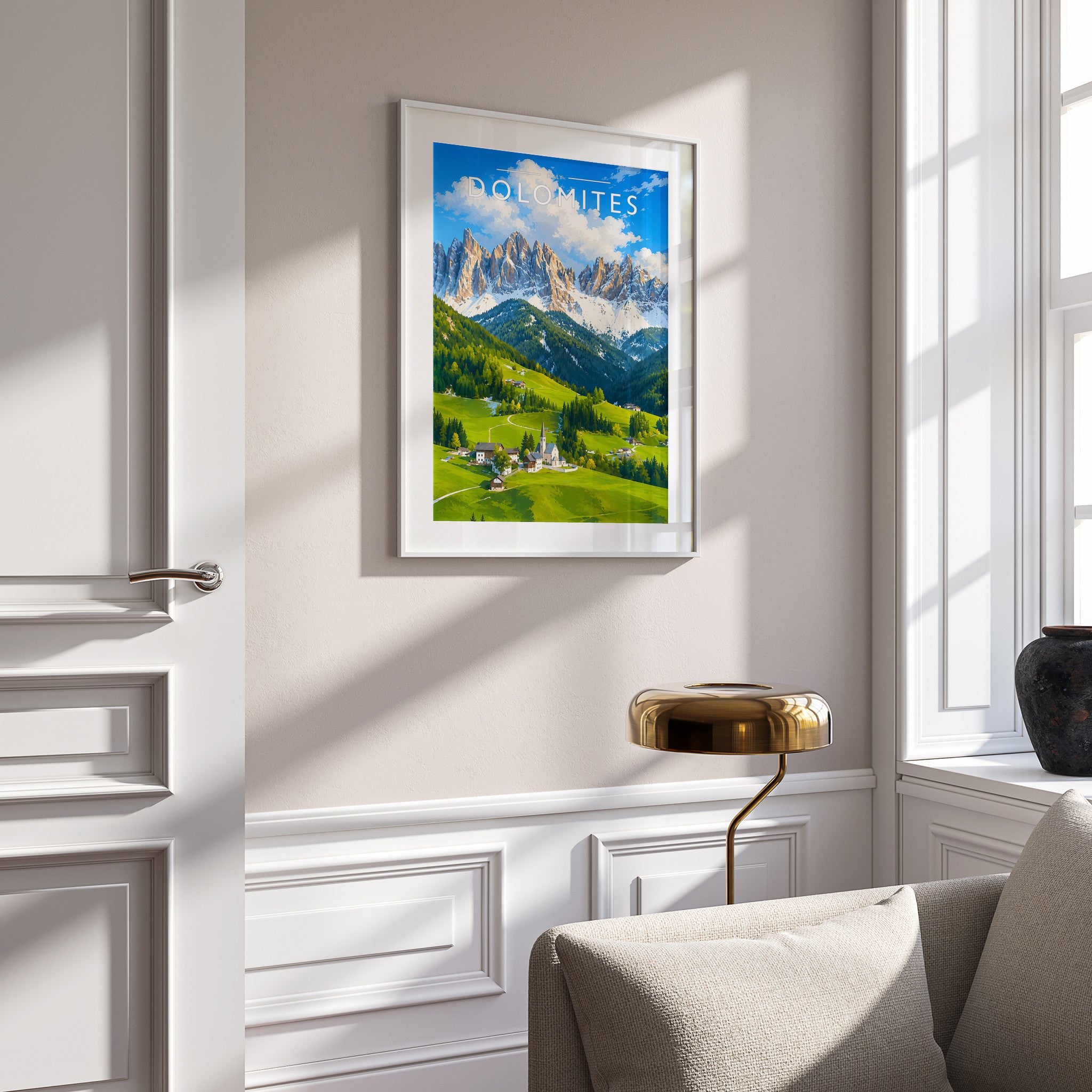 Dolomites Travel Poster in a white frame on a panelled wall