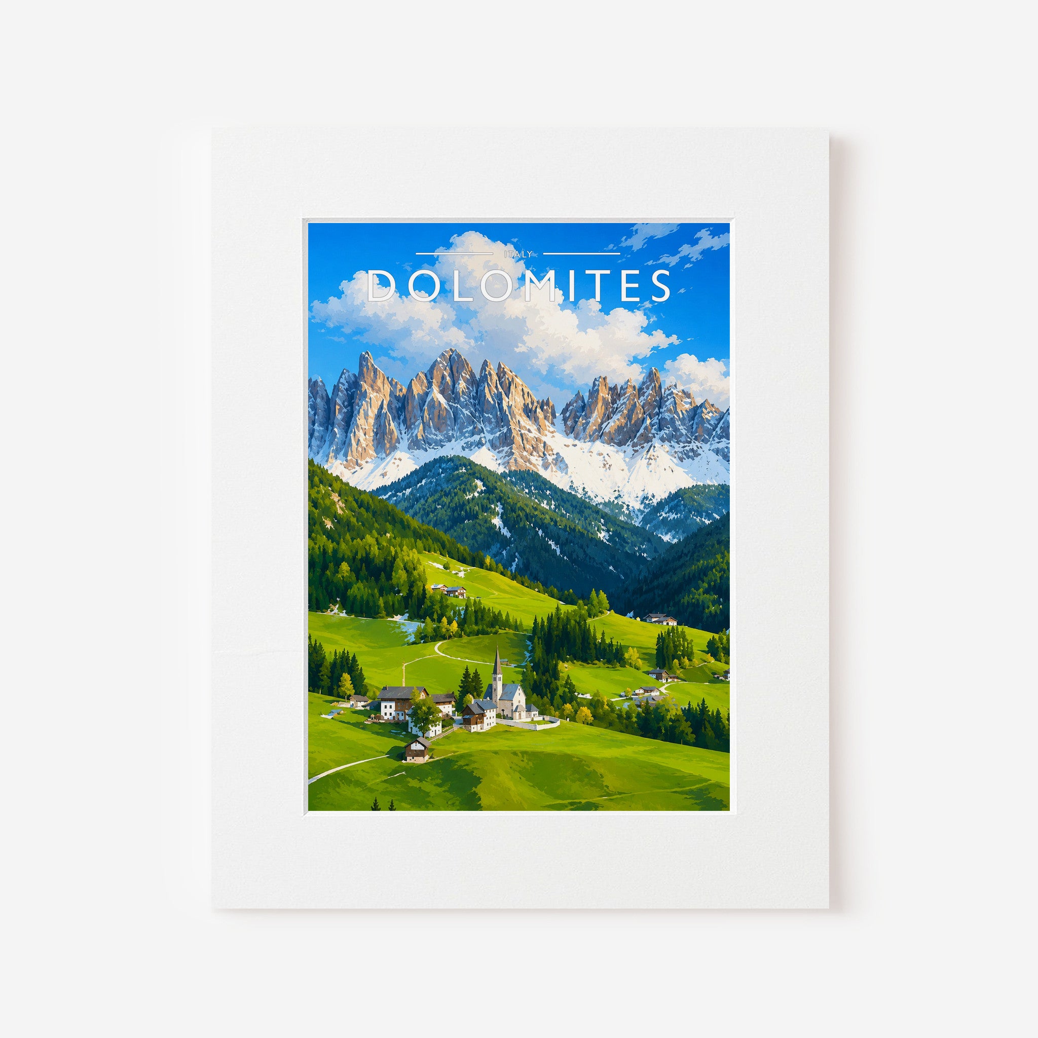 Dolomites Travel Poster in a white mount