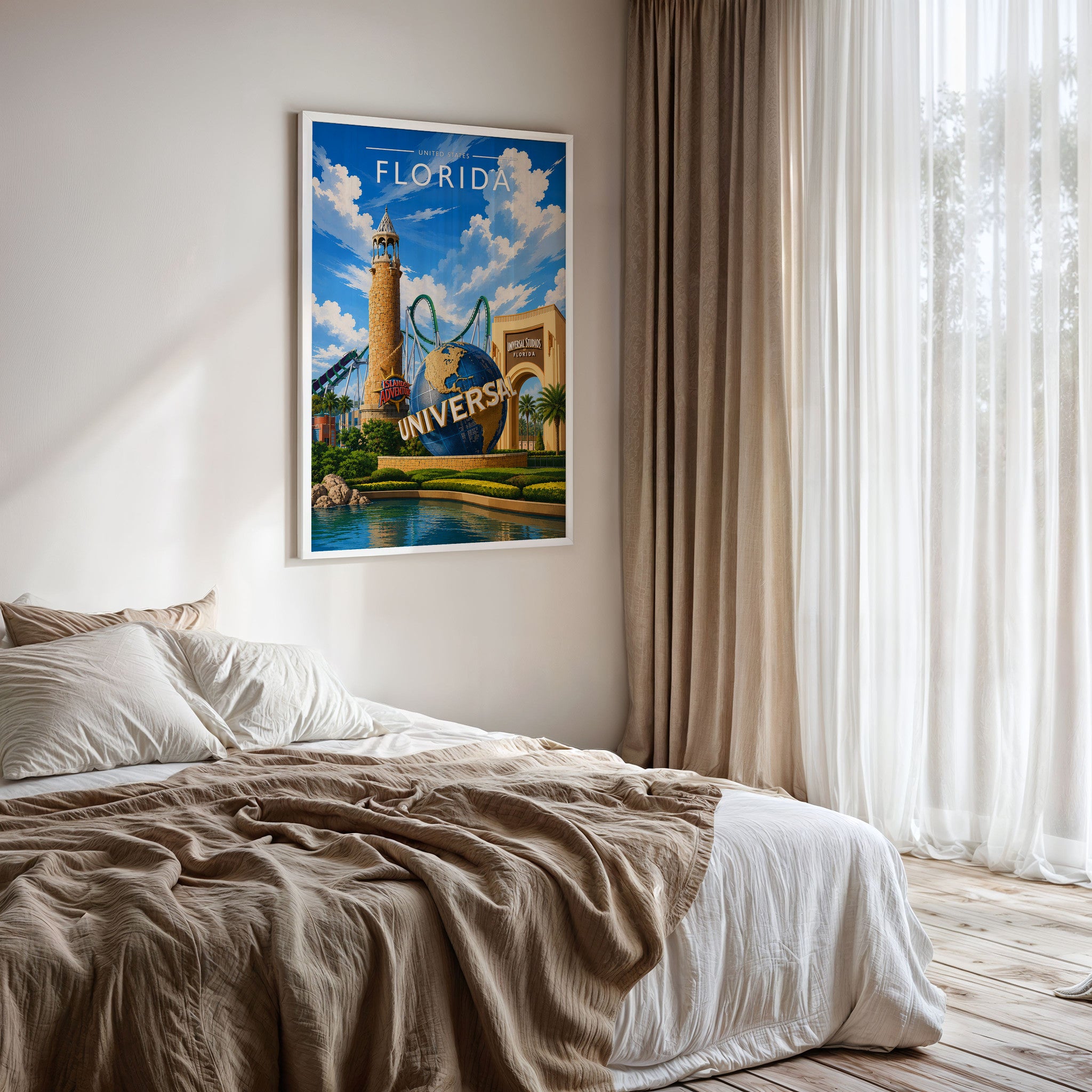 Florida #2 Travel Poster framed on a bedroom wall