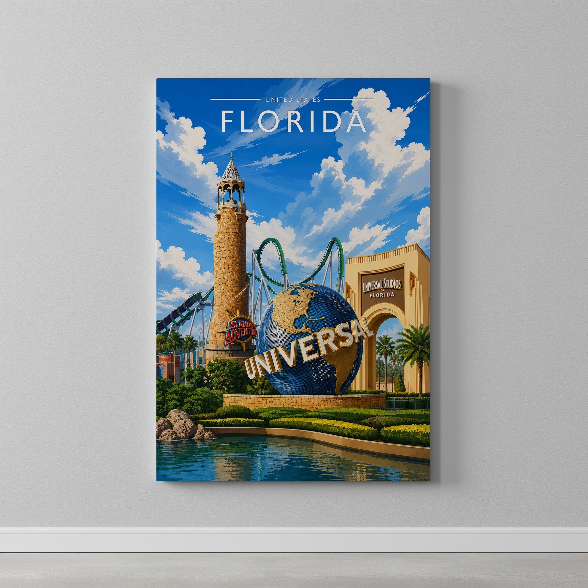 Florida #2 Travel Poster as a gallery-wrapped canvas on a plain wall