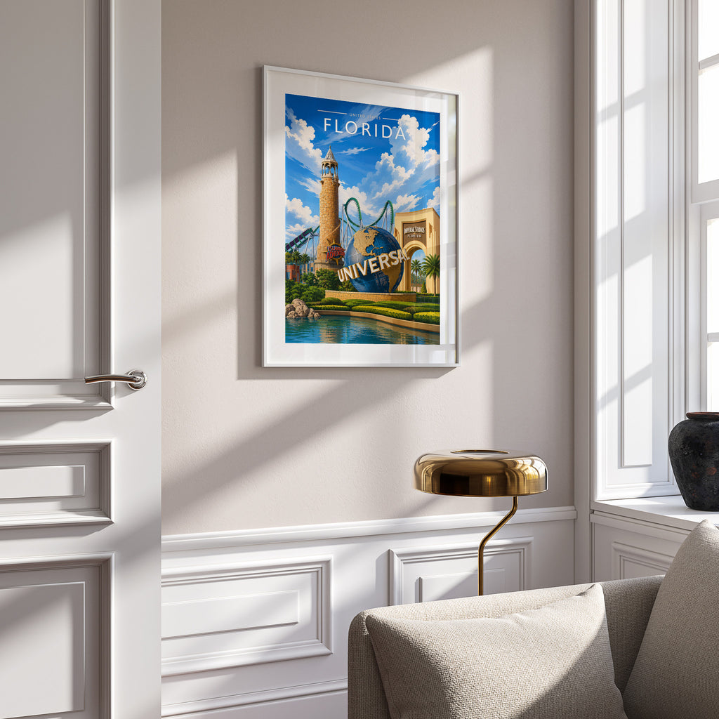 Florida #2 Travel Poster in a white frame on a panelled wall