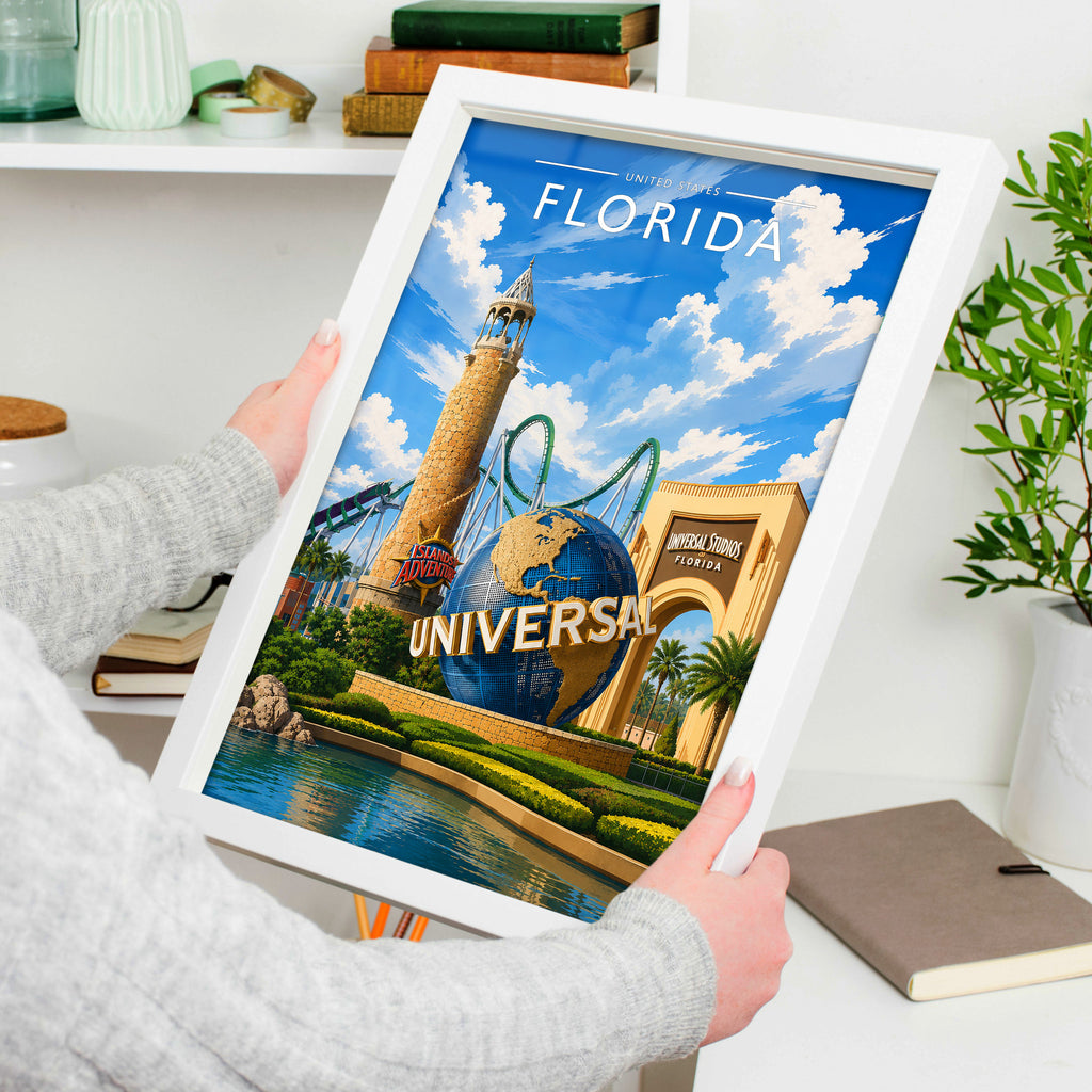 Florida #2 Travel Poster in a white frame, held to show scale