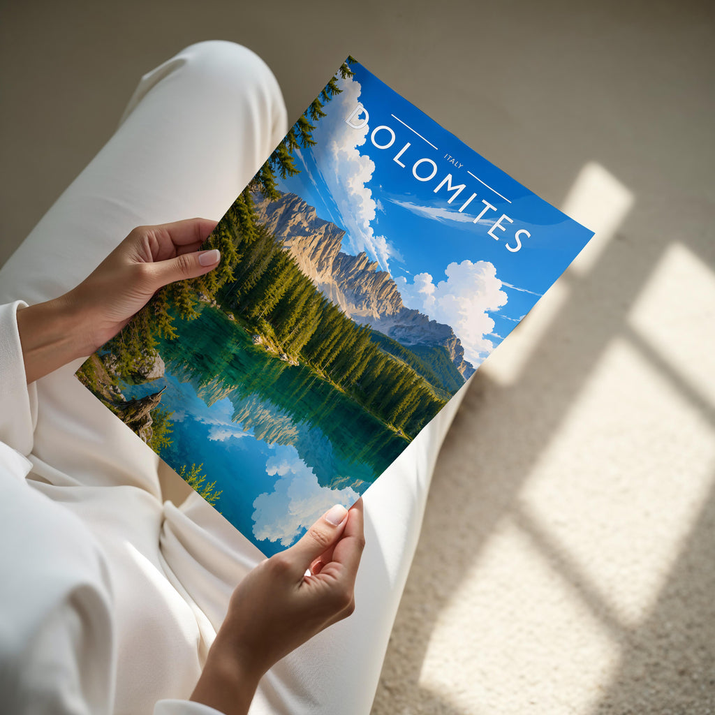 Dolomites #2 Travel Poster - A4 print held in hand
