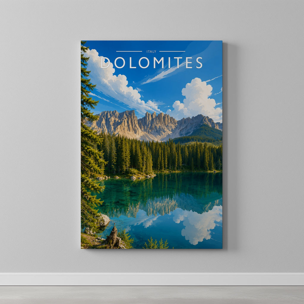 Dolomites #2 Travel Poster as a gallery-wrapped canvas on a plain wall