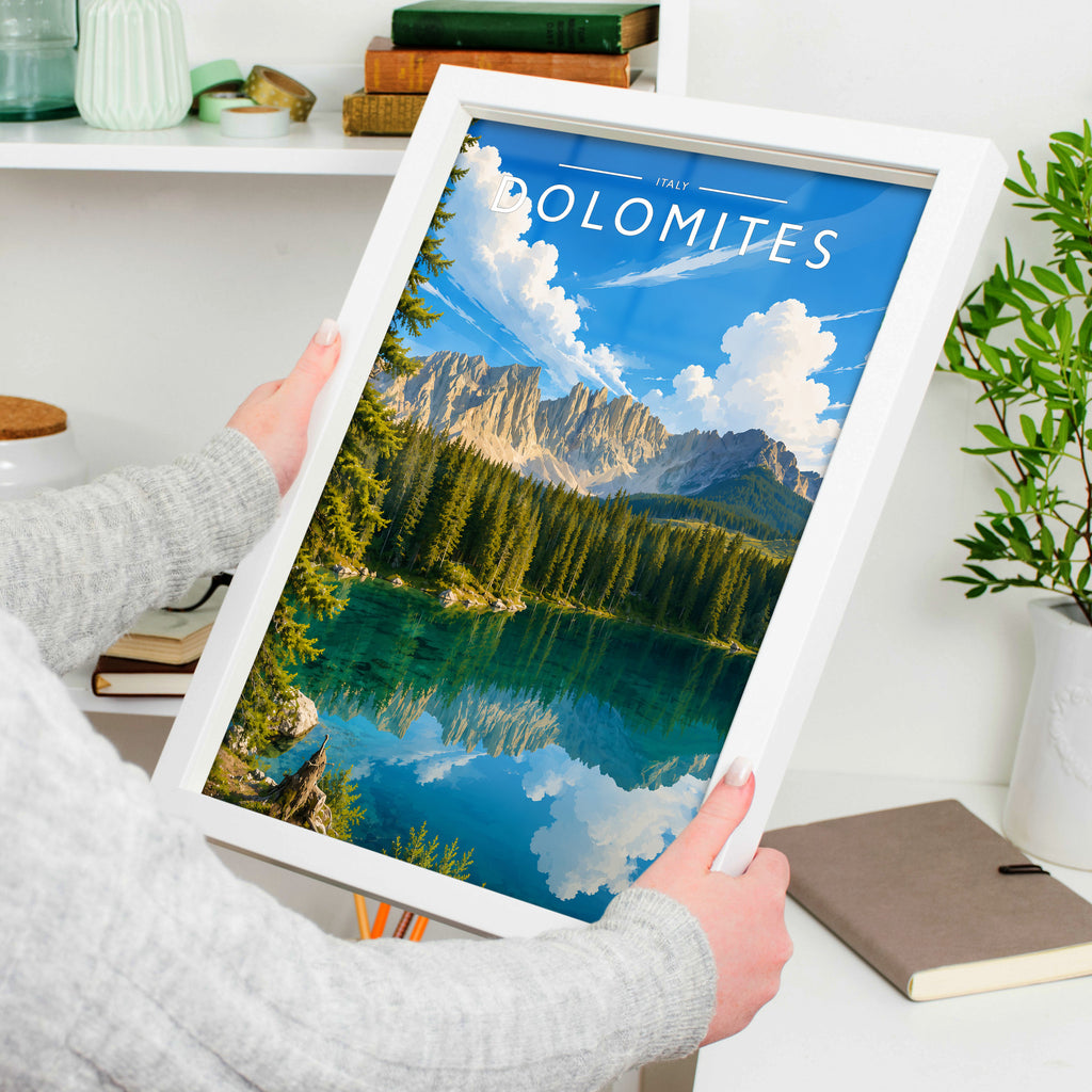 Dolomites #2 Travel Poster in a white frame, held to show scale