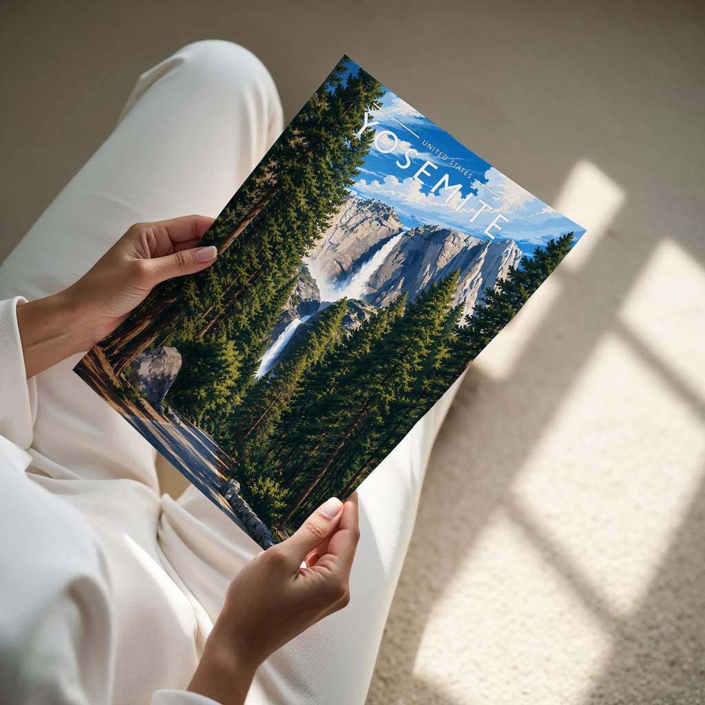 Yosemite Travel Poster - A4 print held in hand