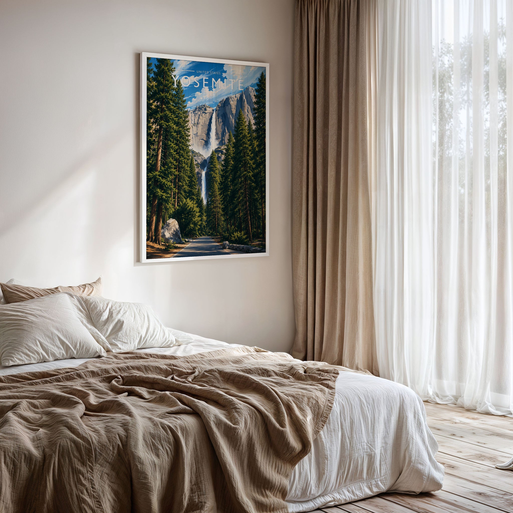 Yosemite Travel Poster framed on a bedroom wall