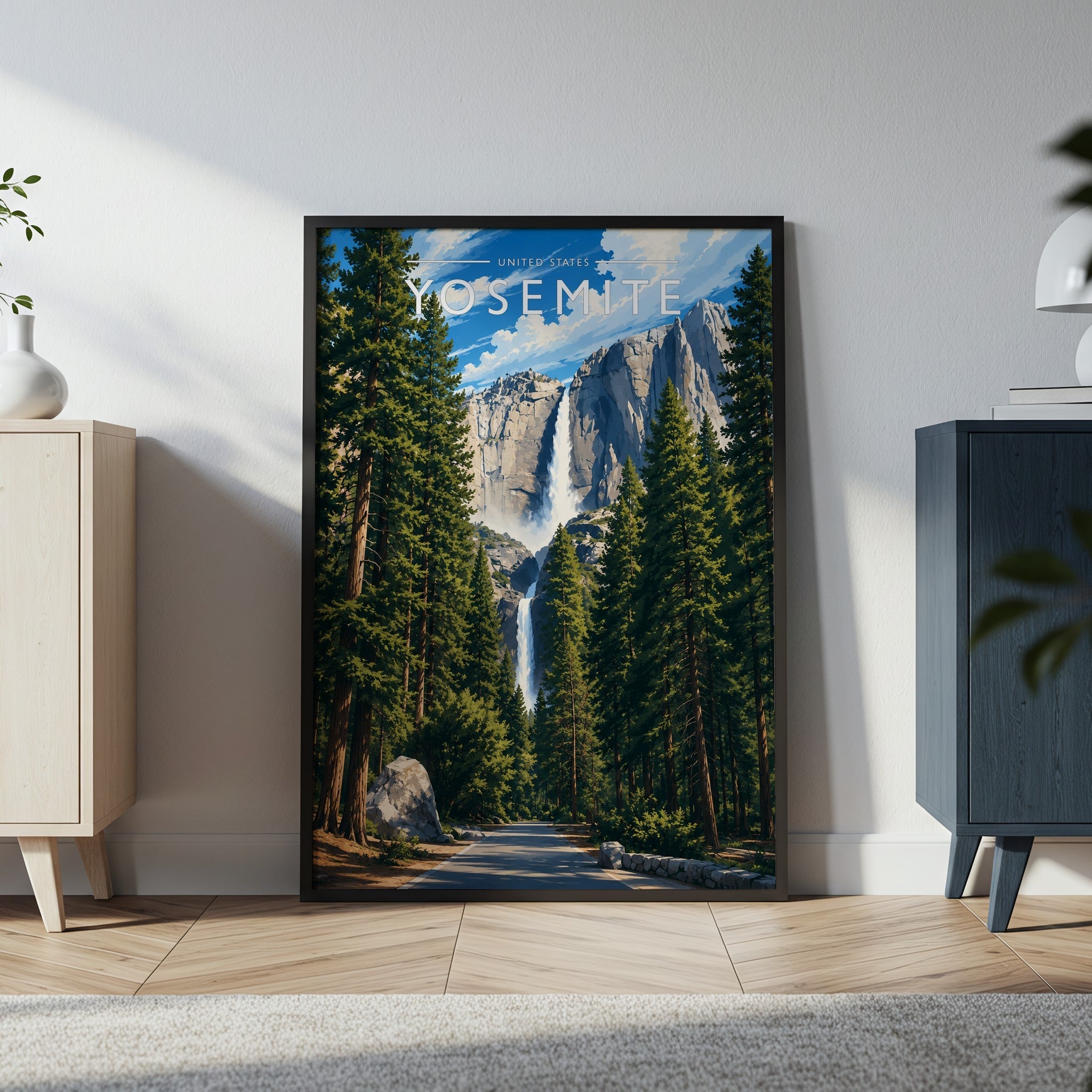 Yosemite Travel Poster in a black frame