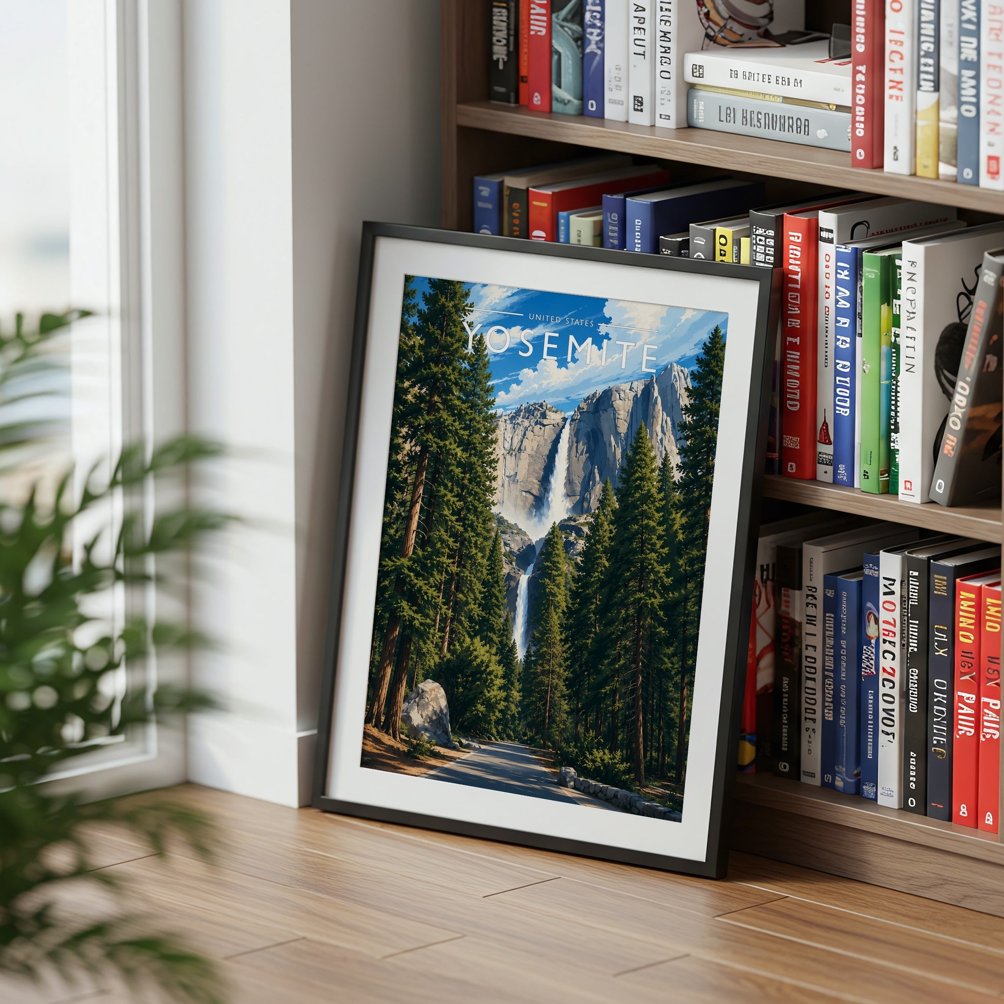 Yosemite Travel Poster mounted in a black frame