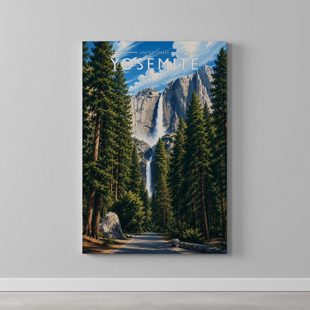 Yosemite Travel Poster as a gallery-wrapped canvas on a plain wall