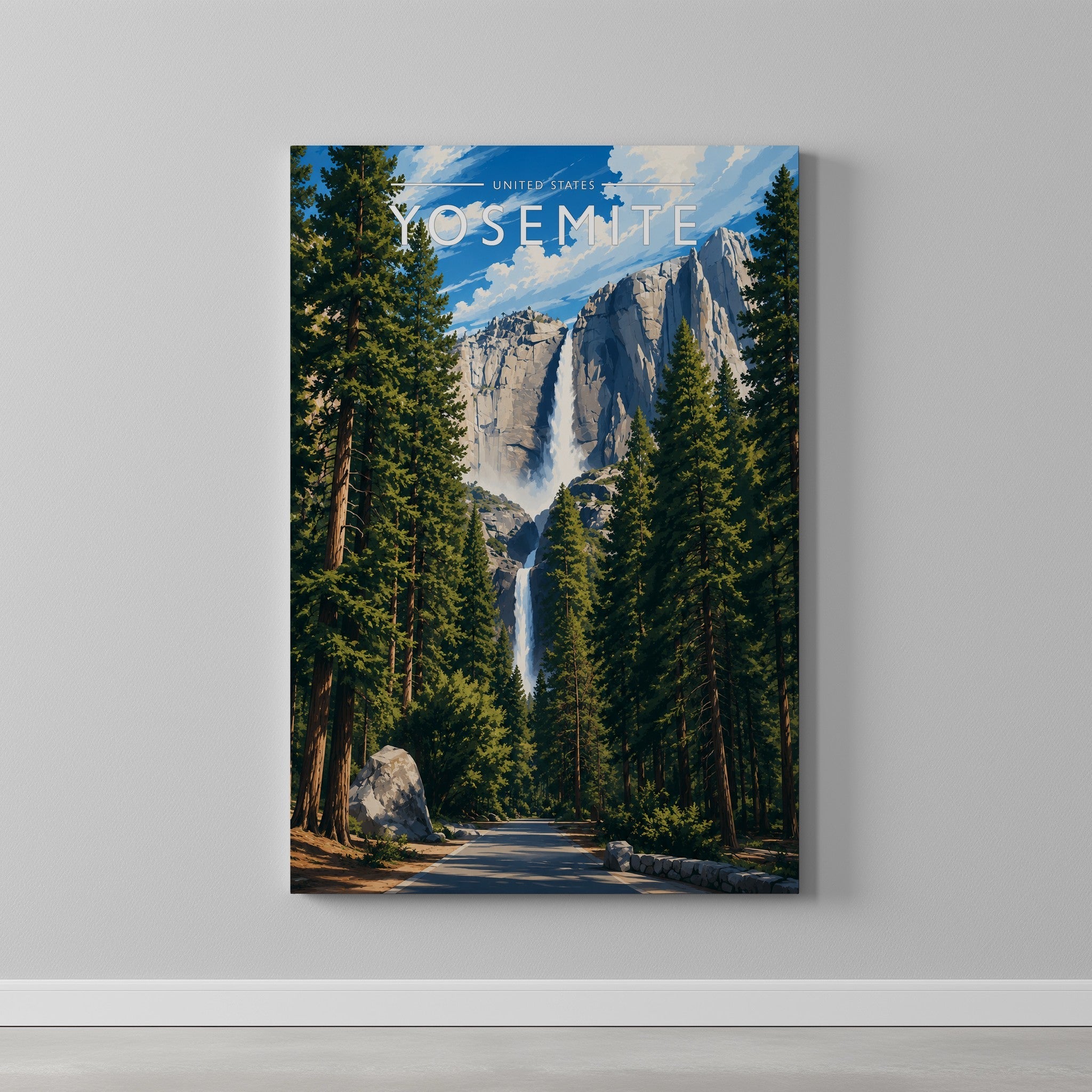 Yosemite Travel Poster as a gallery-wrapped canvas on a plain wall