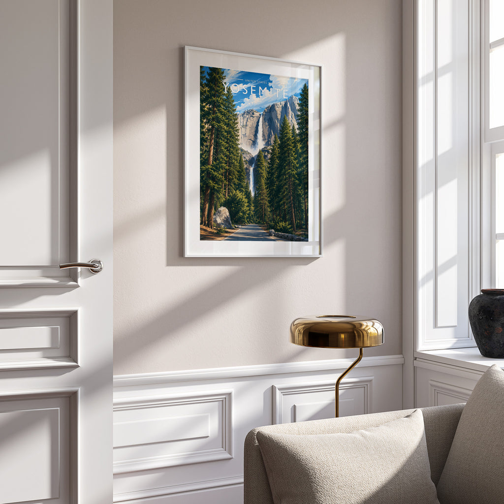 Yosemite Travel Poster in a white frame on a panelled wall