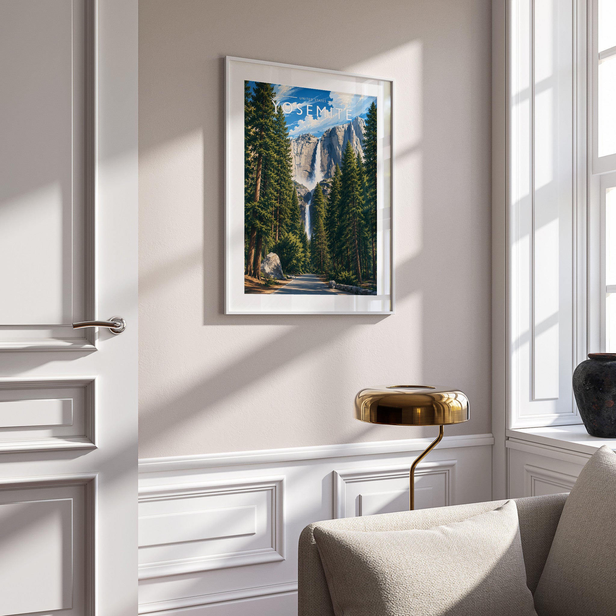 Yosemite Travel Poster in a white frame on a panelled wall