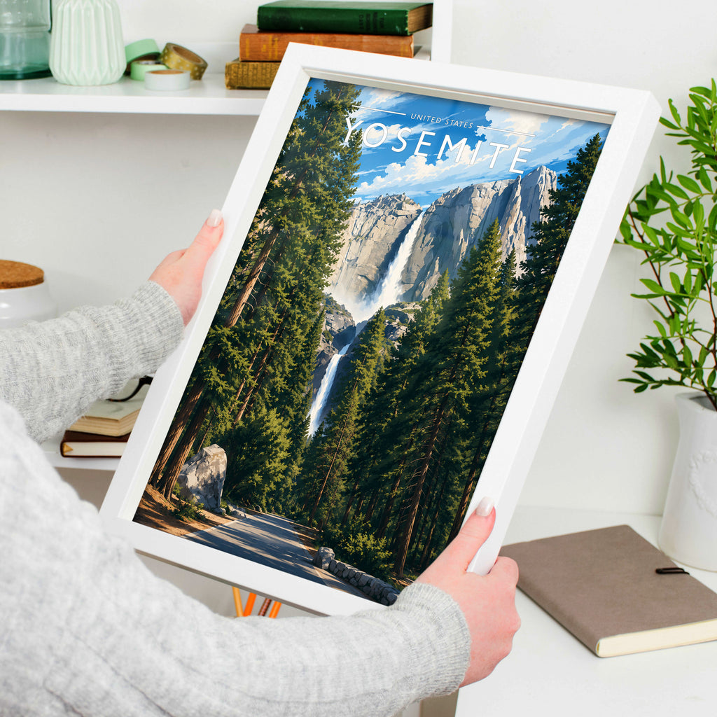 Yosemite Travel Poster in a white frame, held to show scale