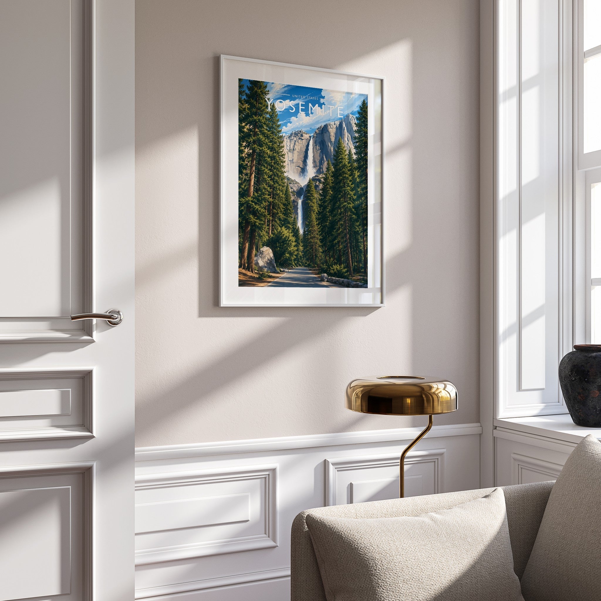 Yosemite Travel Poster mounted in a white frame
