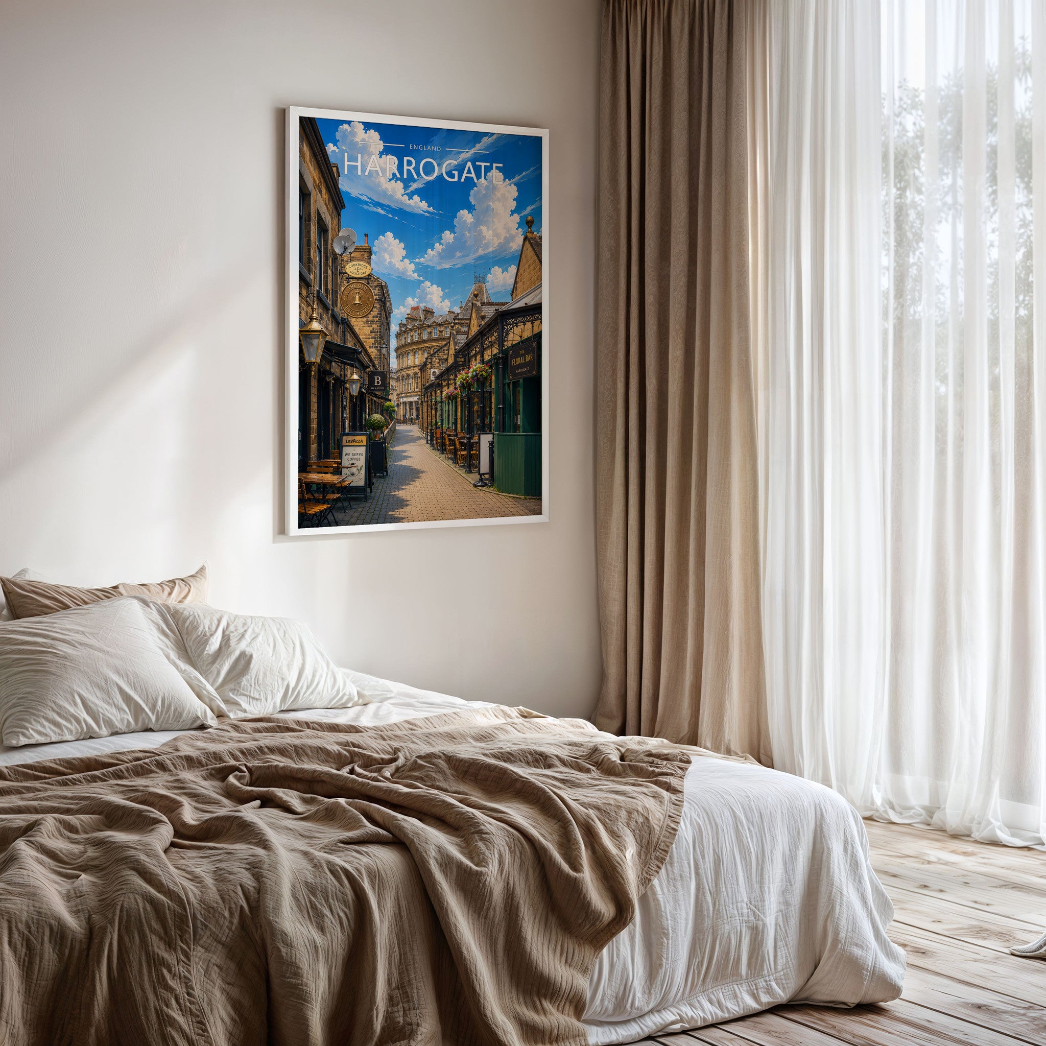 Harrogate #3 Travel Poster framed on a bedroom wall