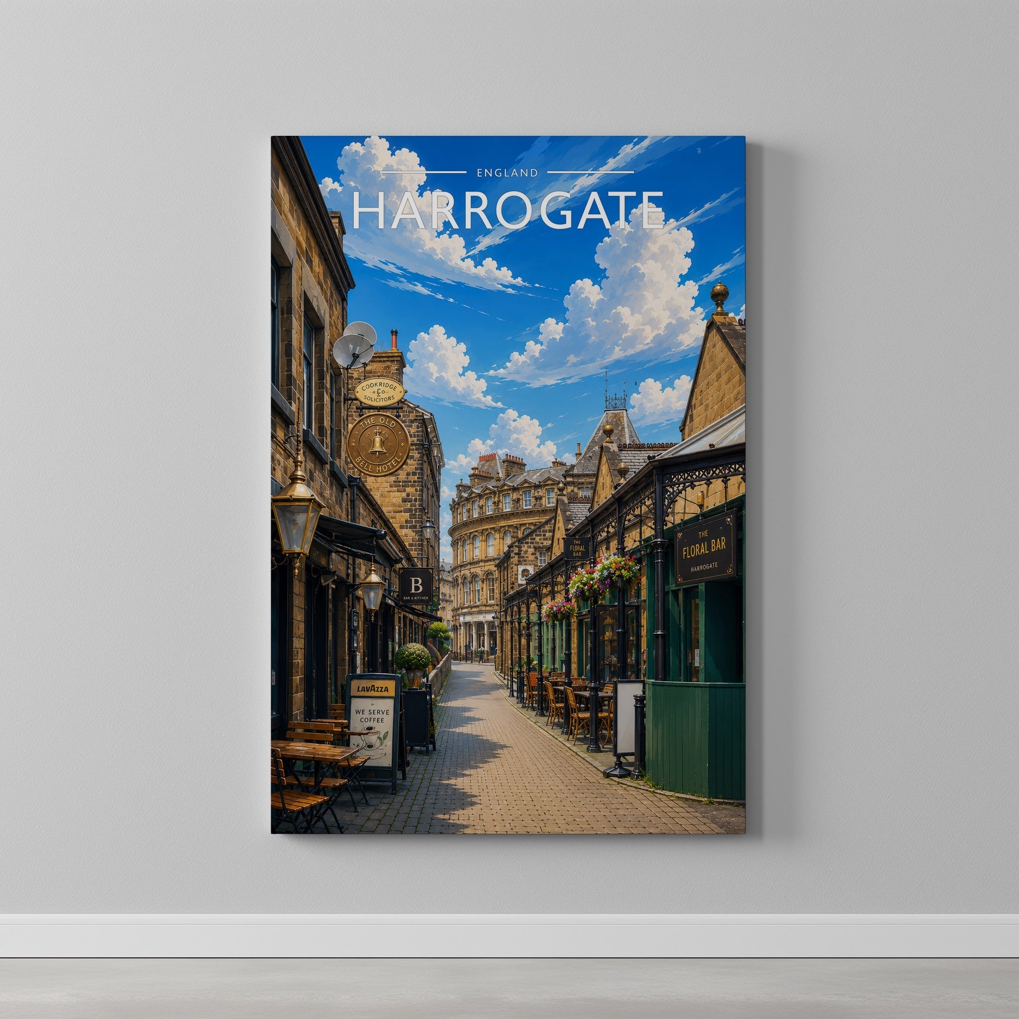 Harrogate #3 Travel Poster as a gallery-wrapped canvas on a plain wall
