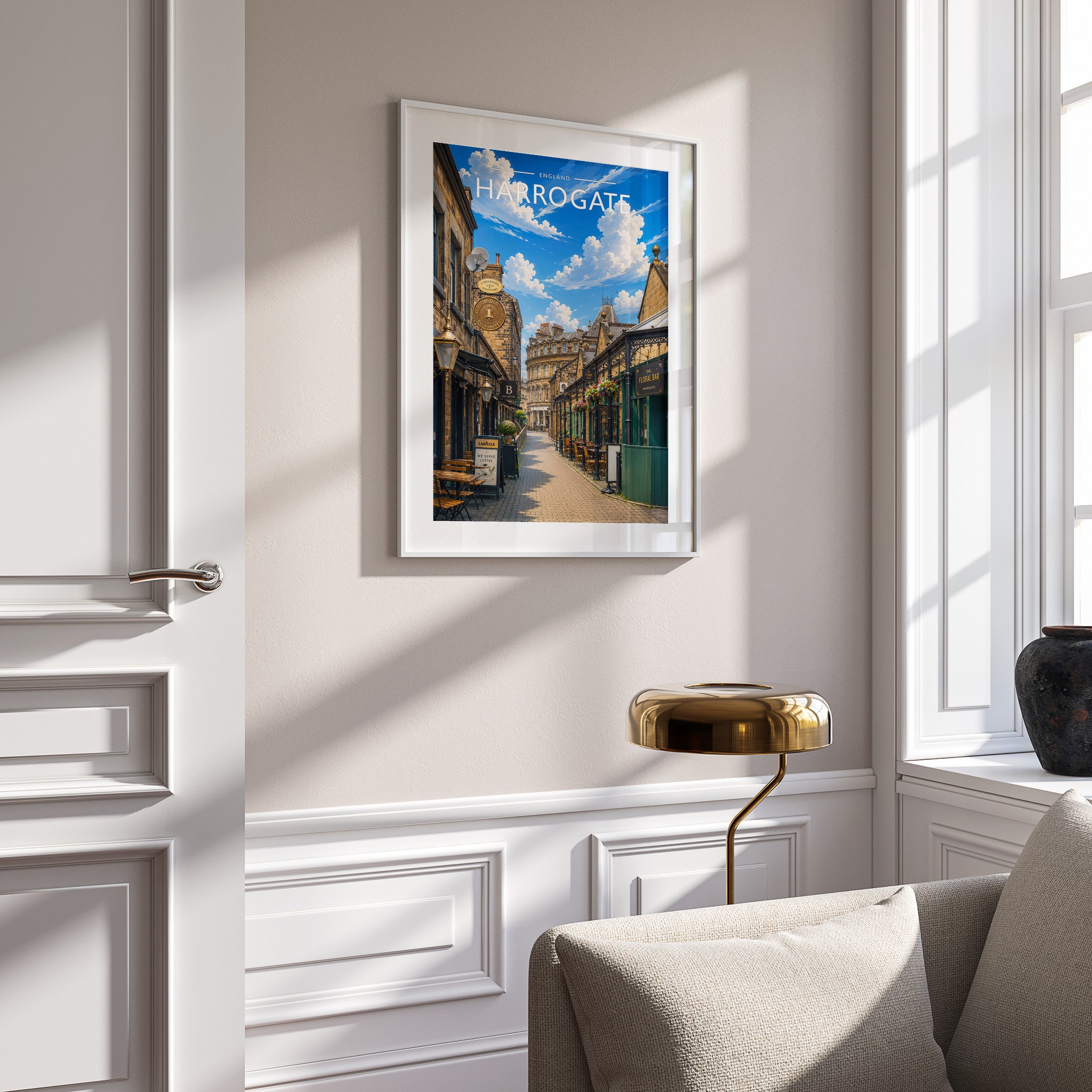 Harrogate #3 Travel Poster in a white frame on a panelled wall