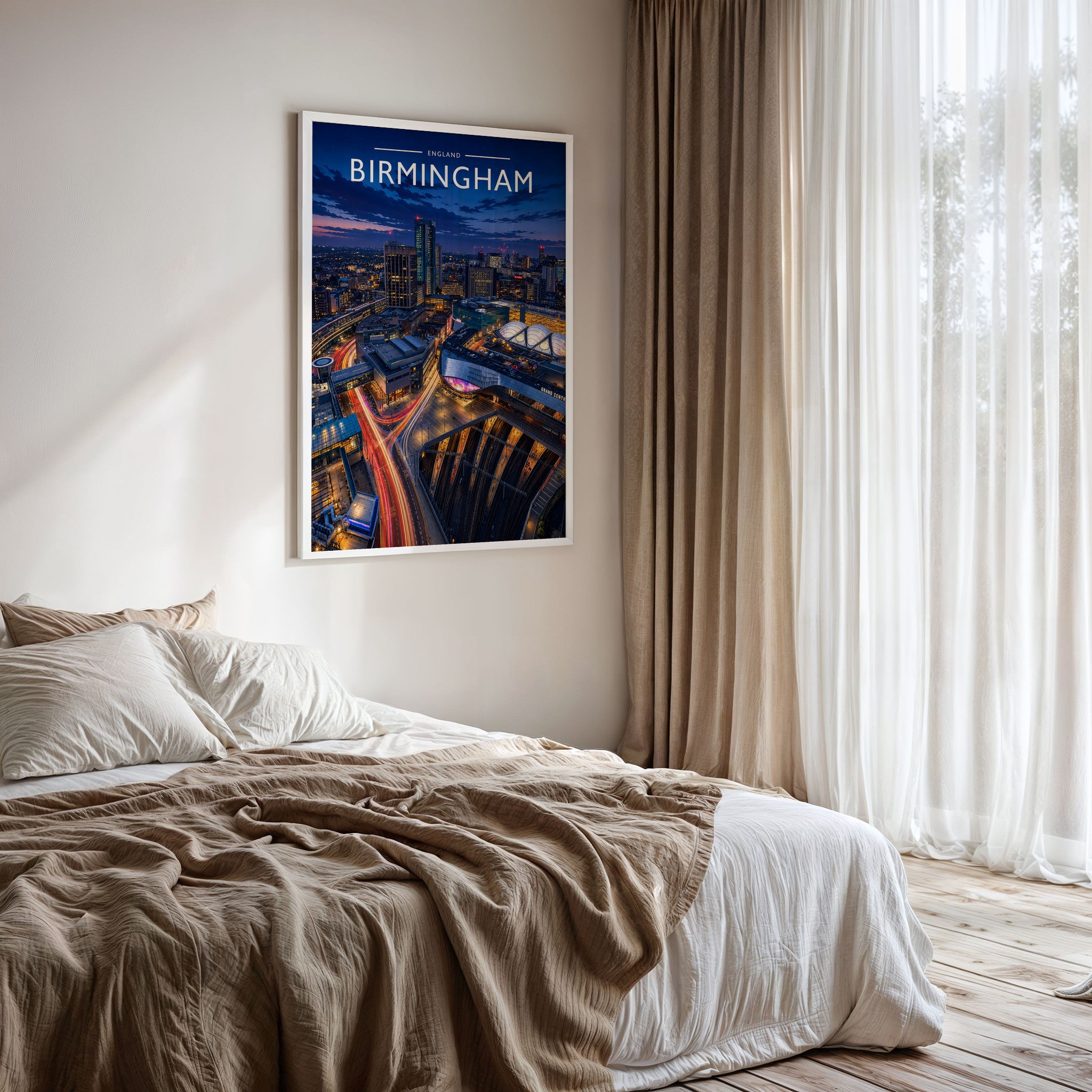 Birmingham #2 Travel Poster framed on a bedroom wall