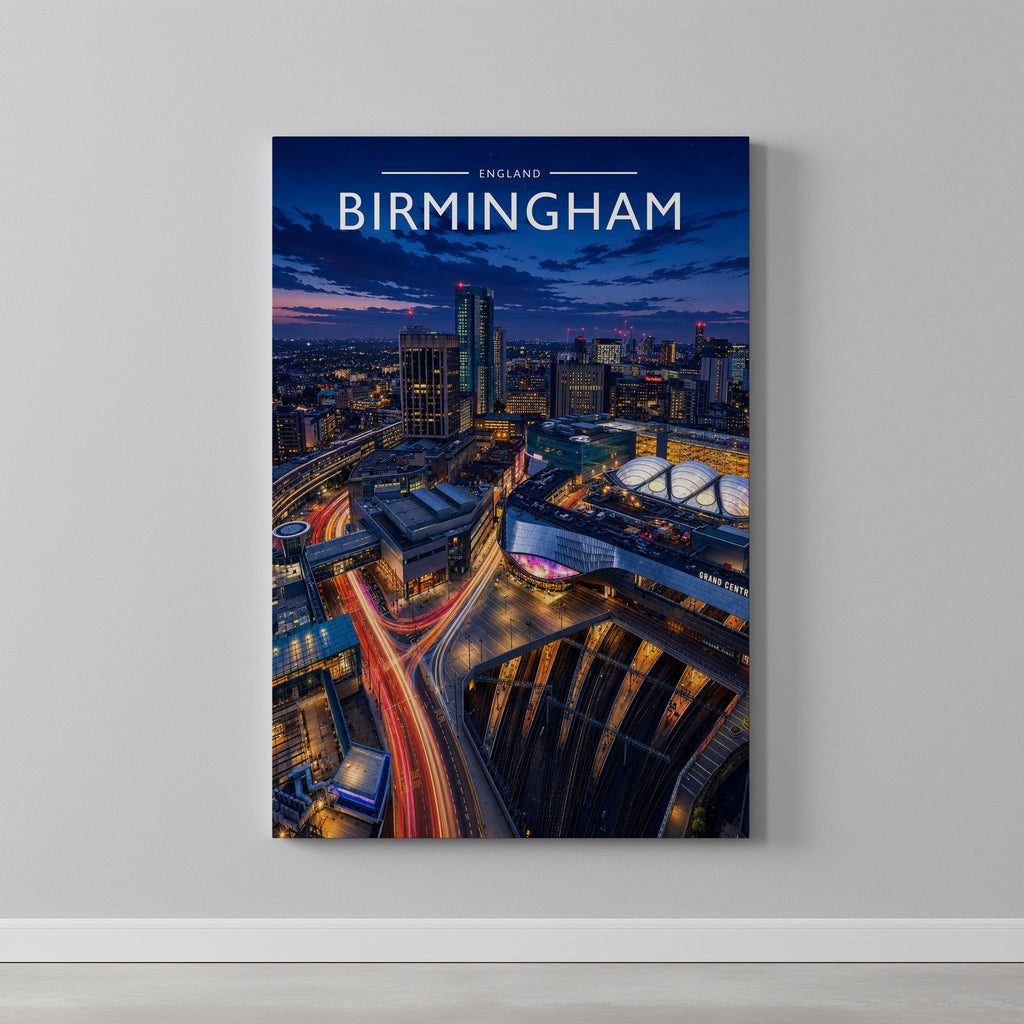 Birmingham #2 Travel Poster as a gallery-wrapped canvas on a plain wall