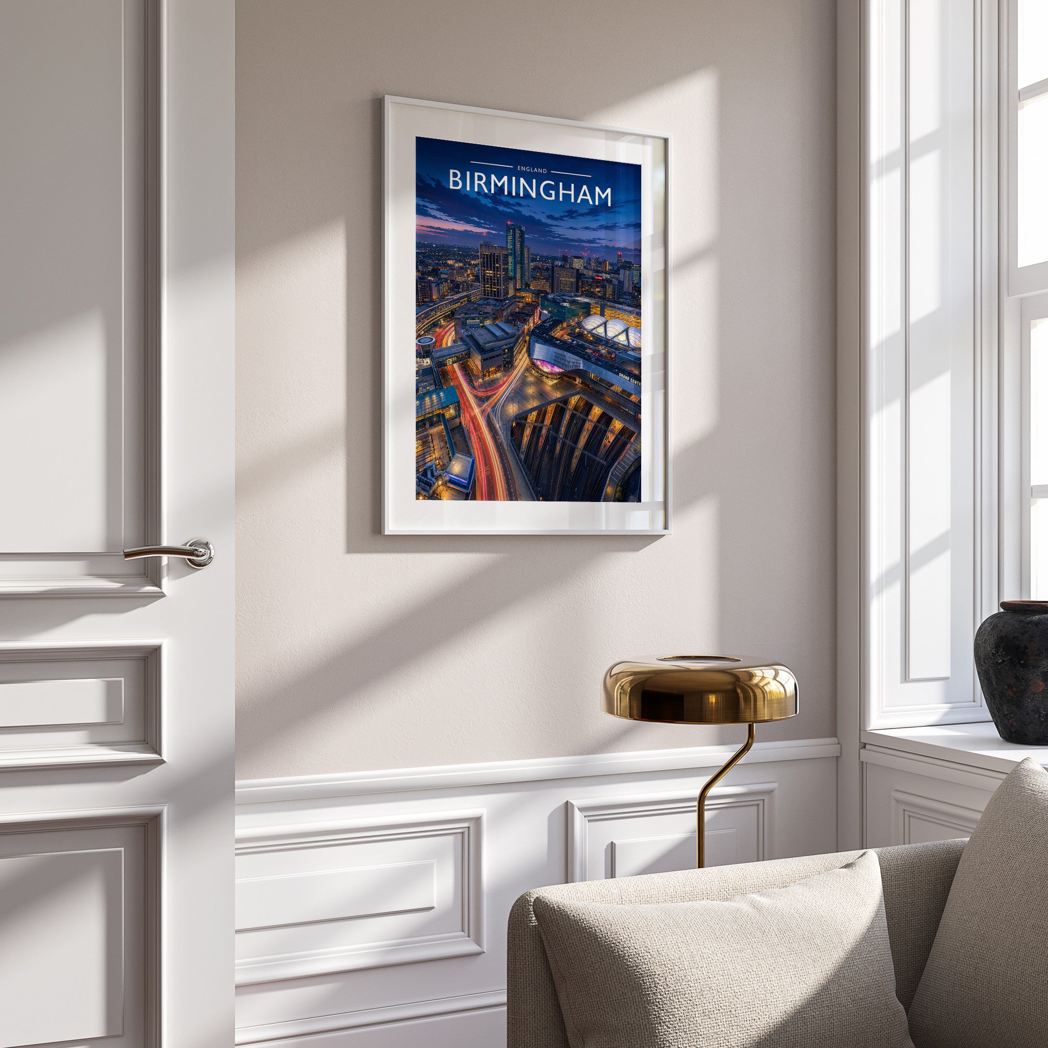 Birmingham #2 Travel Poster in a white frame on a panelled wall