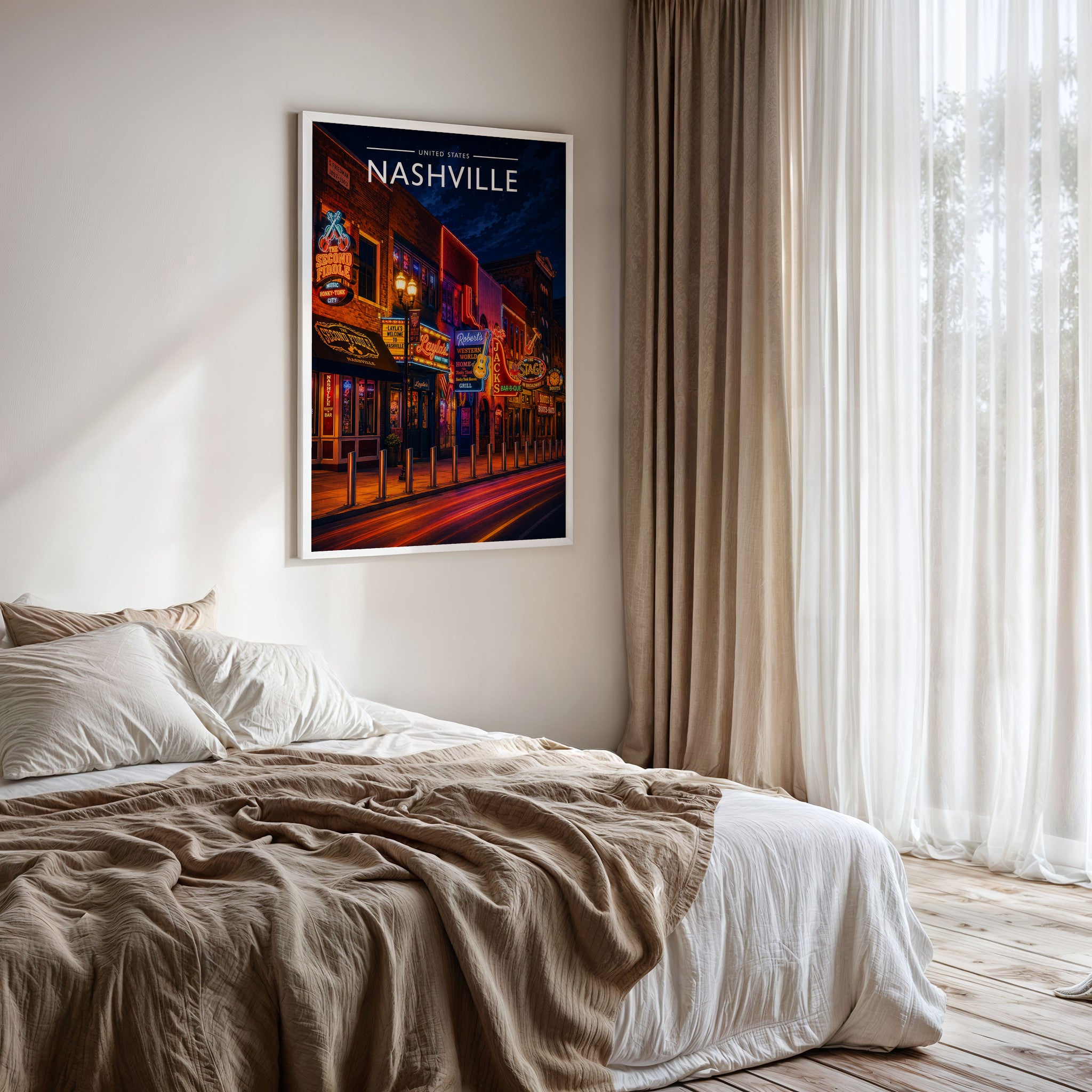 Nashville #3 Travel Poster framed on a bedroom wall