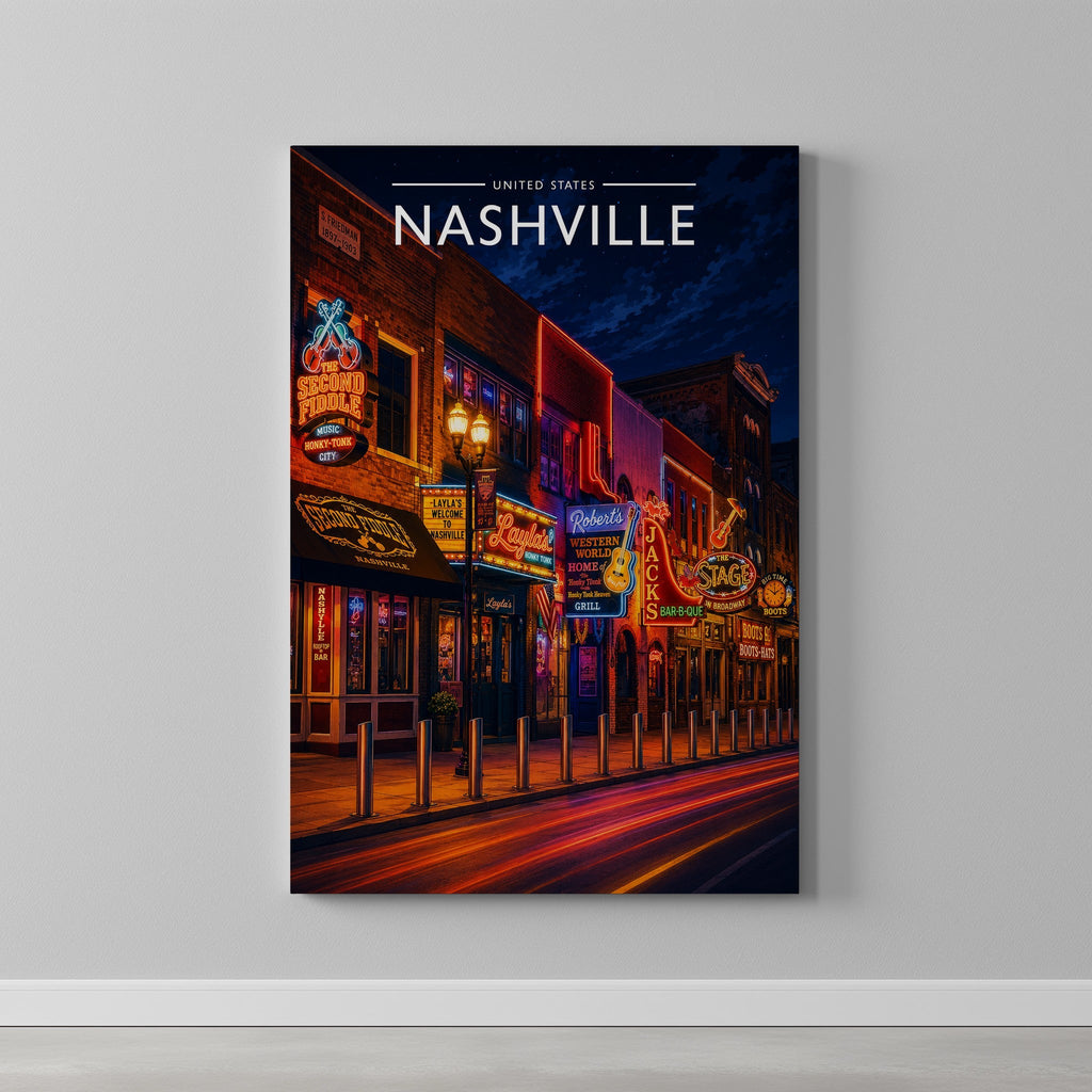 Nashville #3 Travel Poster as a gallery-wrapped canvas on a plain wall