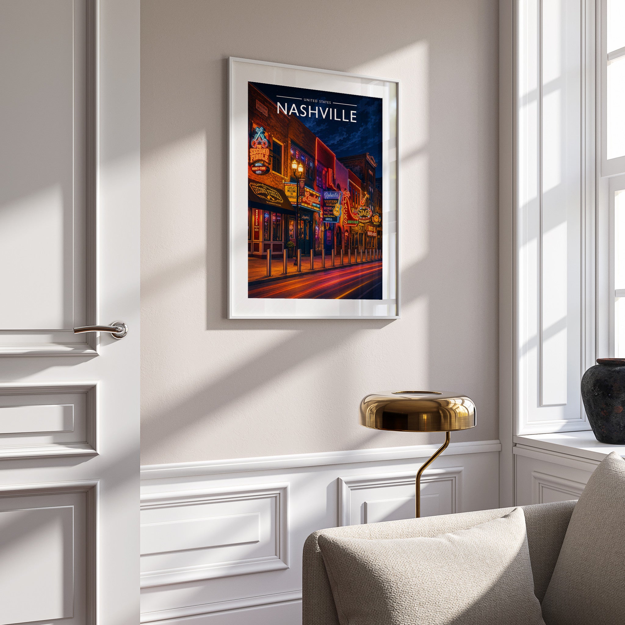 Nashville #3 Travel Poster in a white frame on a panelled wall