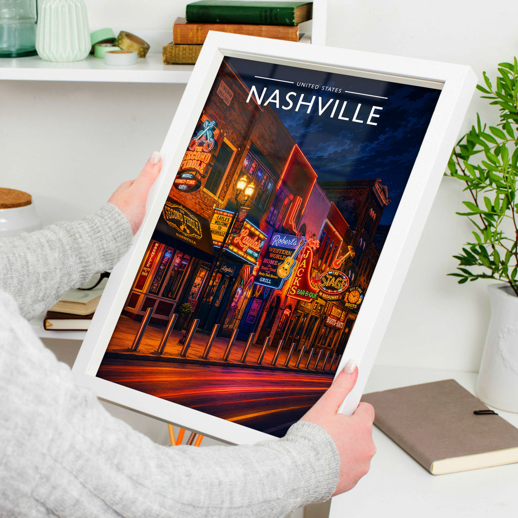 Nashville #3 Travel Poster in a white frame, held to show scale