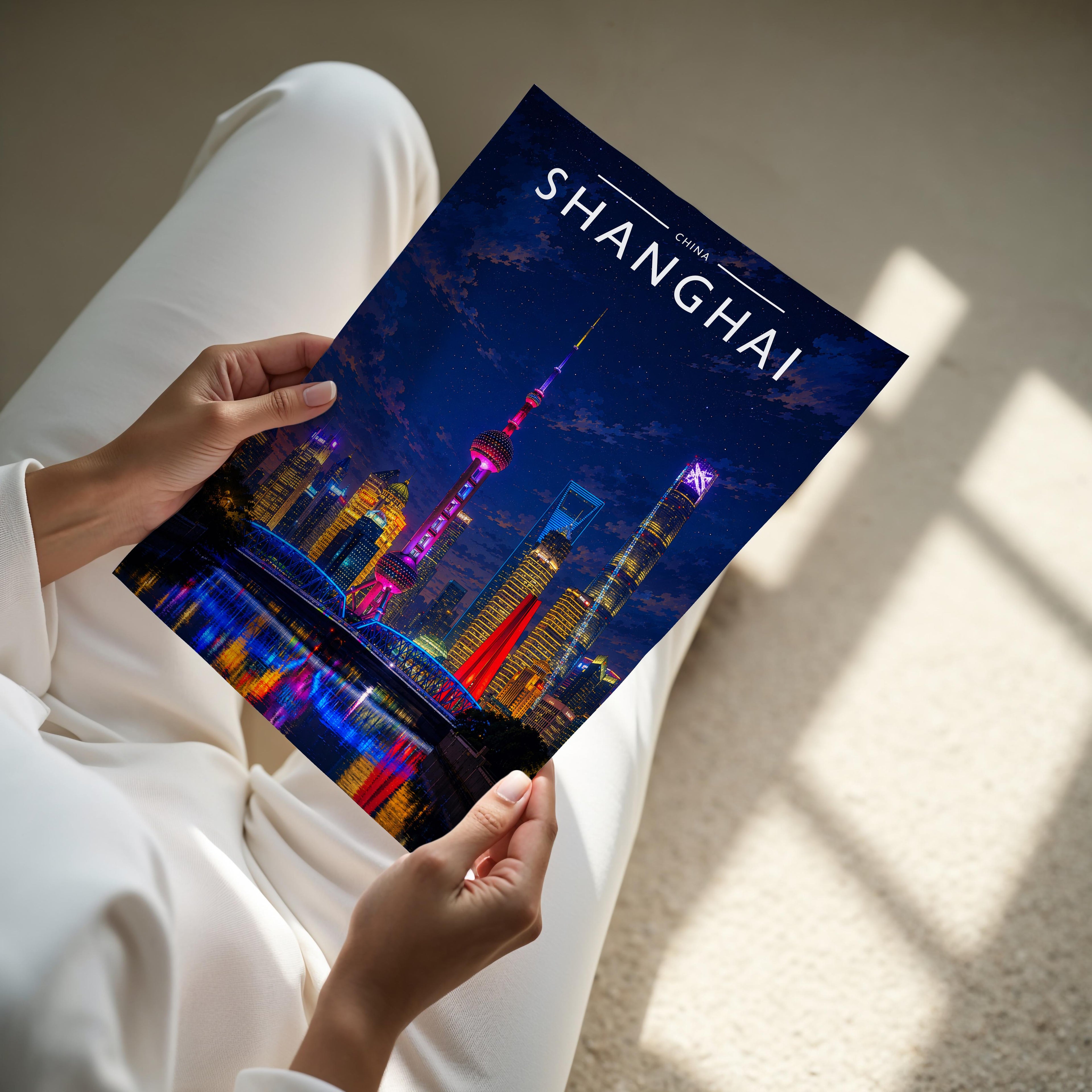 Shanghai Travel Poster - A4 print held in hand