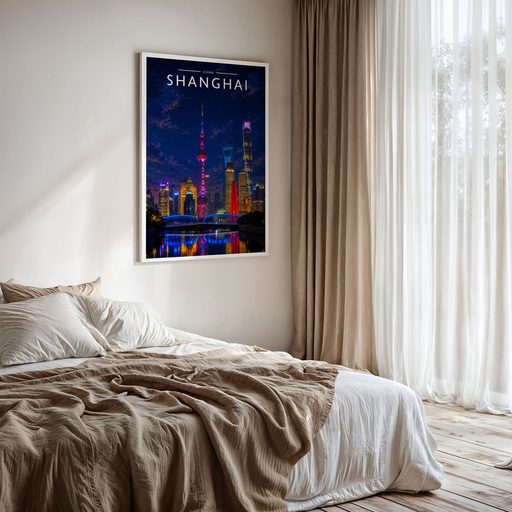 Shanghai Travel Poster framed on a bedroom wall