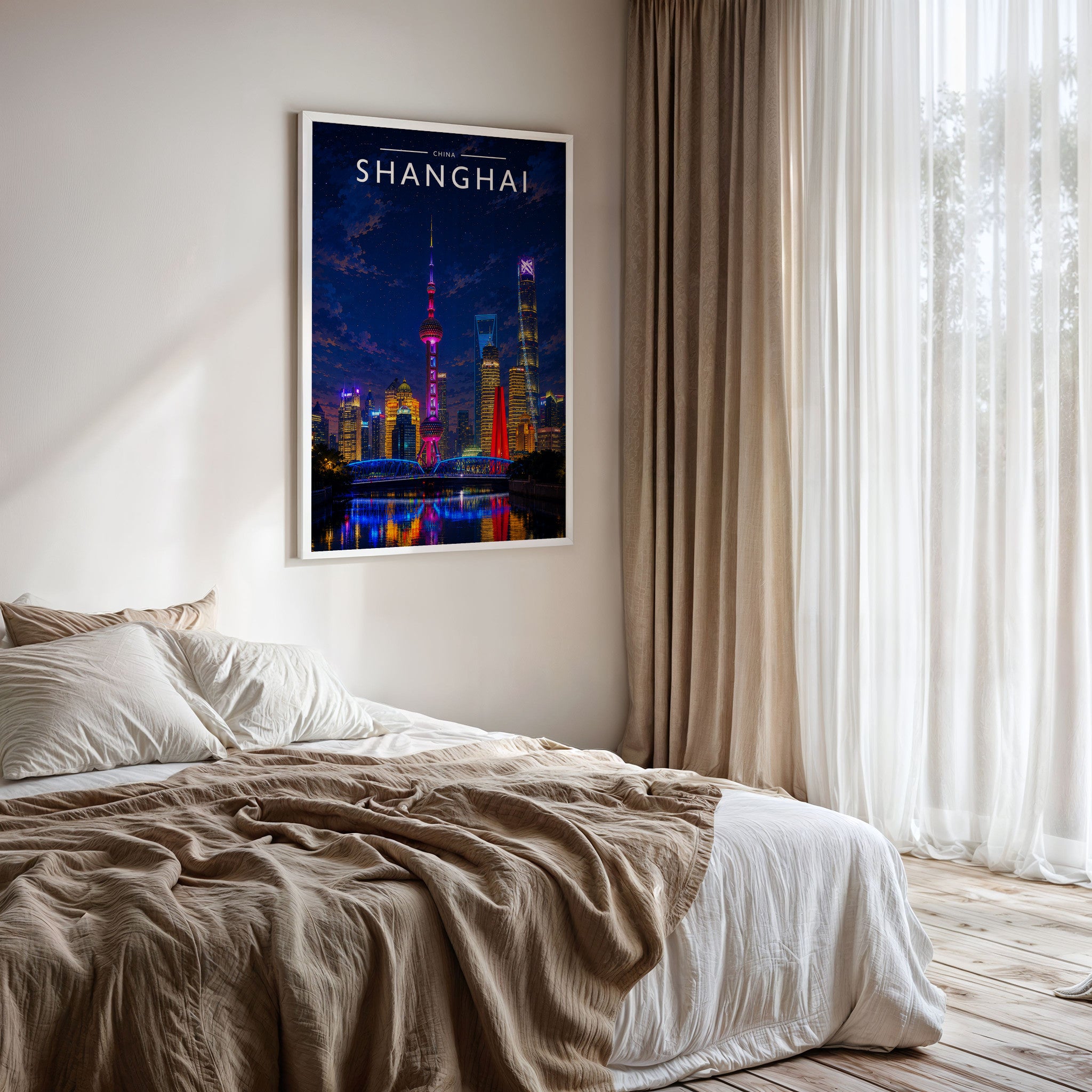 Shanghai Travel Poster framed on a bedroom wall