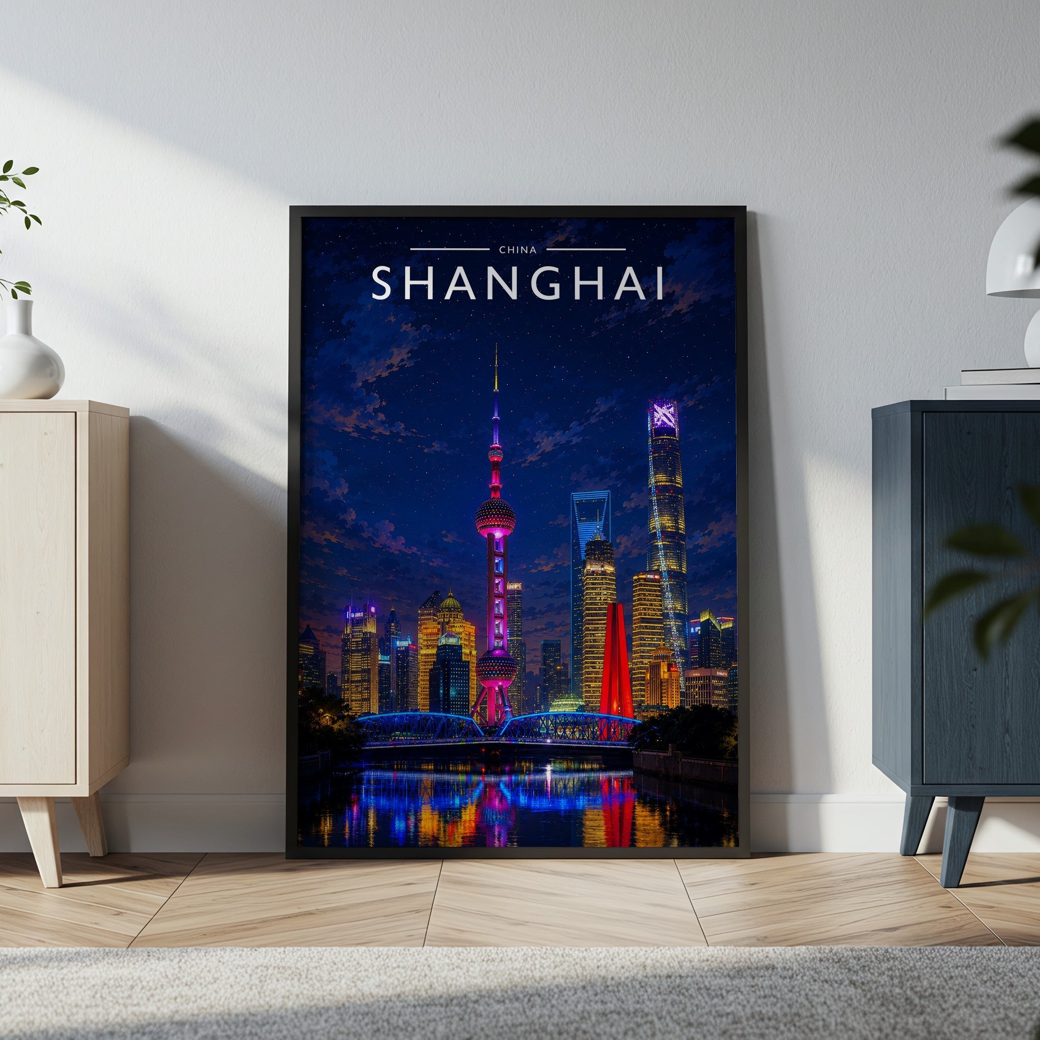 Shanghai Travel Poster in a black frame