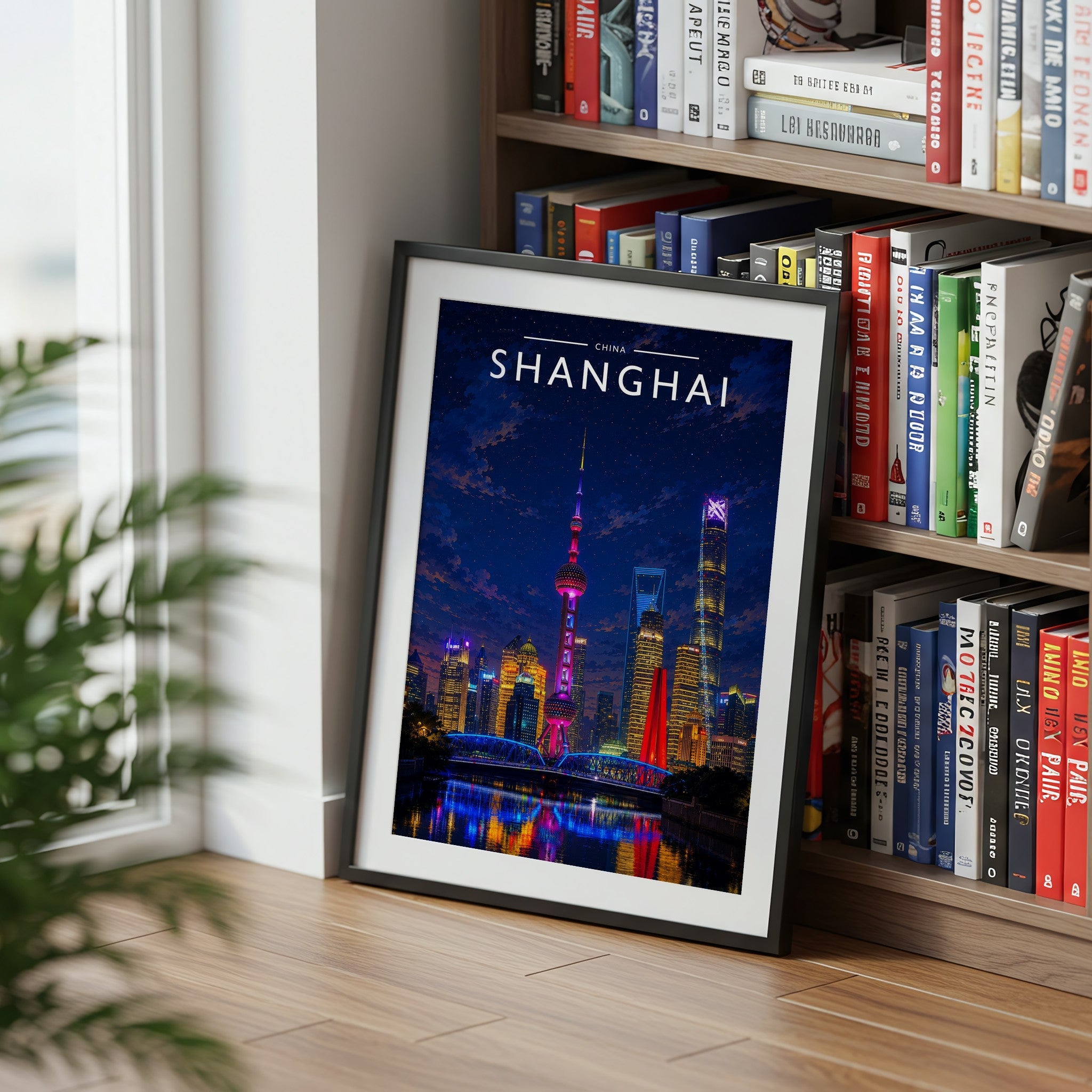 Shanghai Travel Poster mounted in a black frame