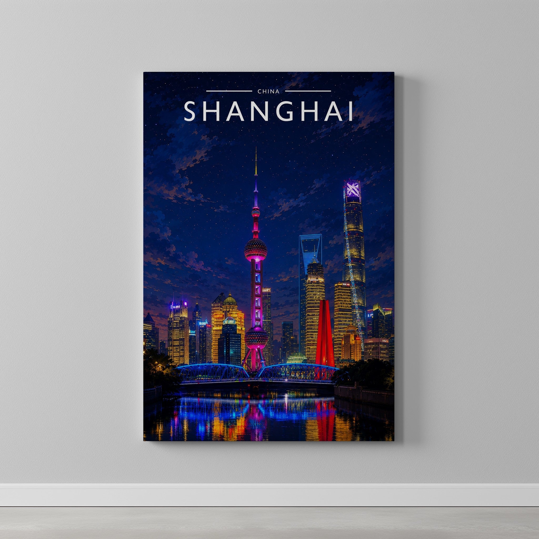 Shanghai Travel Poster as a gallery-wrapped canvas on a plain wall