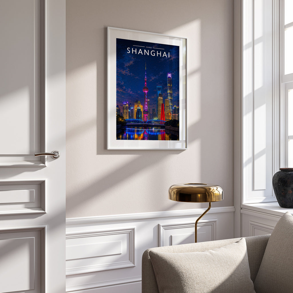 Shanghai Travel Poster in a white frame on a panelled wall