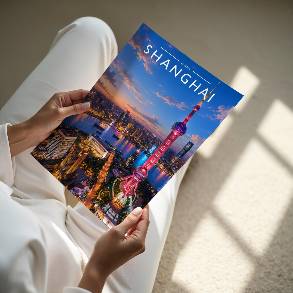 Shanghai #2 Travel Poster - A4 print held in hand