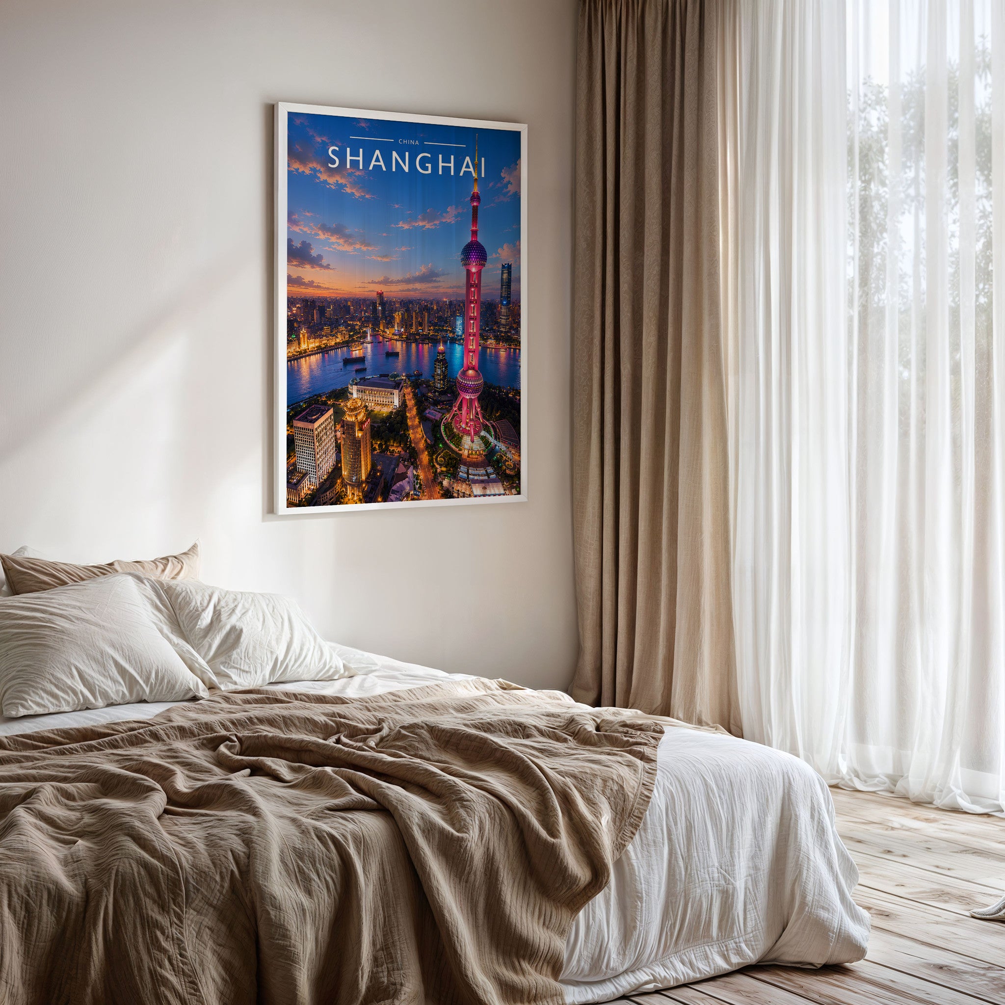 Shanghai #2 Travel Poster framed on a bedroom wall