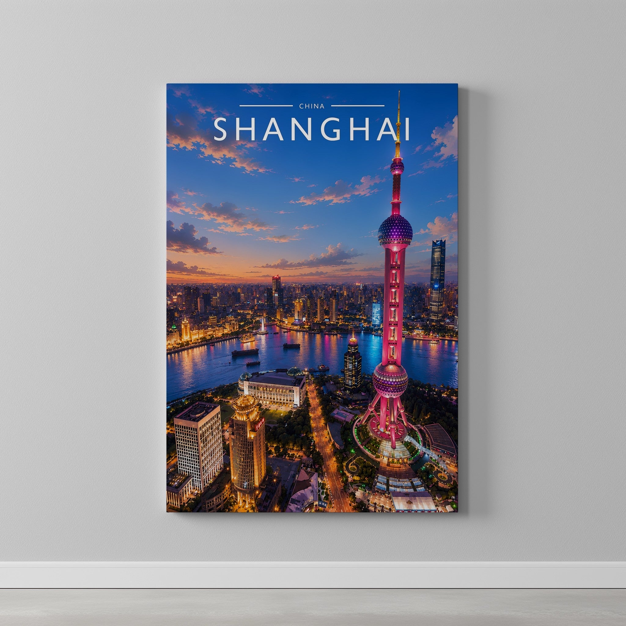 Shanghai #2 Travel Poster as a gallery-wrapped canvas on a plain wall