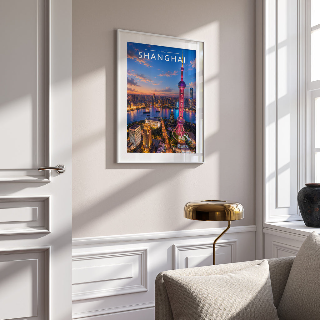Shanghai #2 Travel Poster in a white frame on a panelled wall