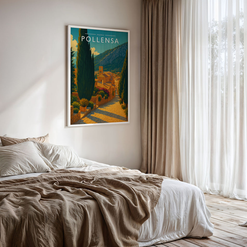 Pollensa Travel Poster framed on a bedroom wall
