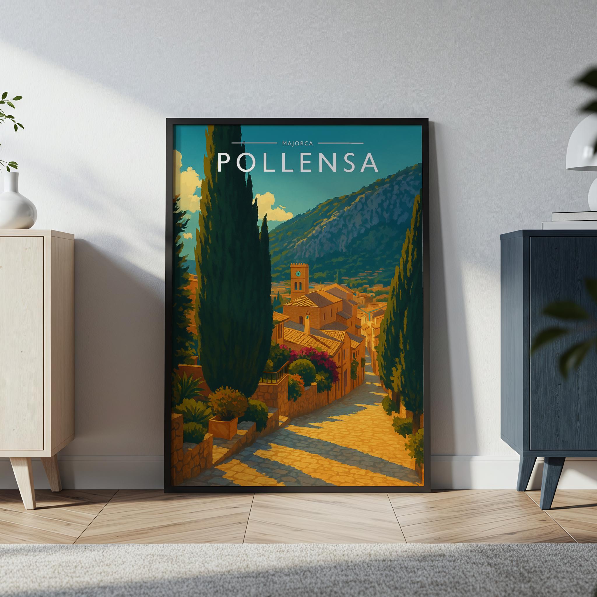 Pollensa Travel Poster in a black frame