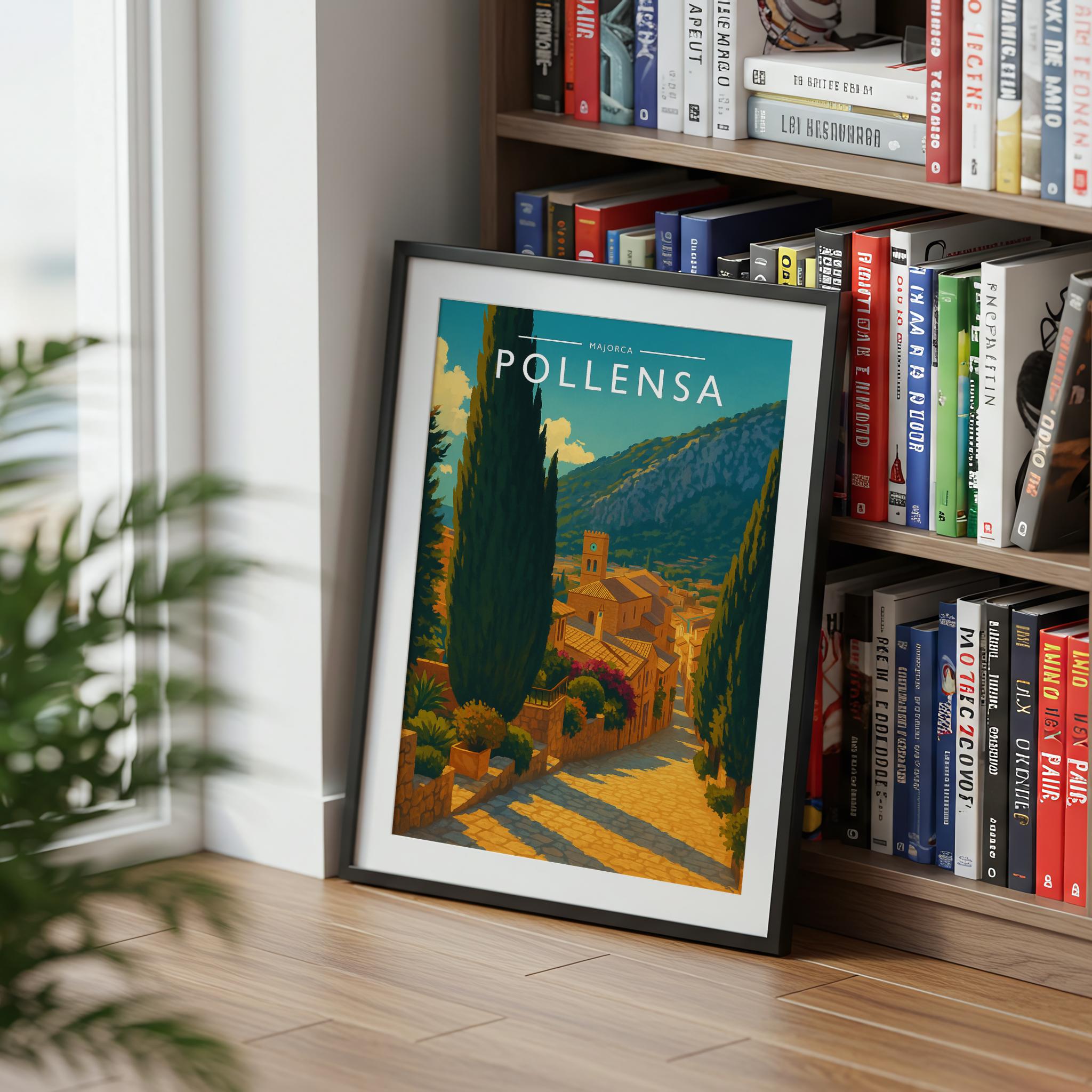 Pollensa Travel Poster mounted in a black frame