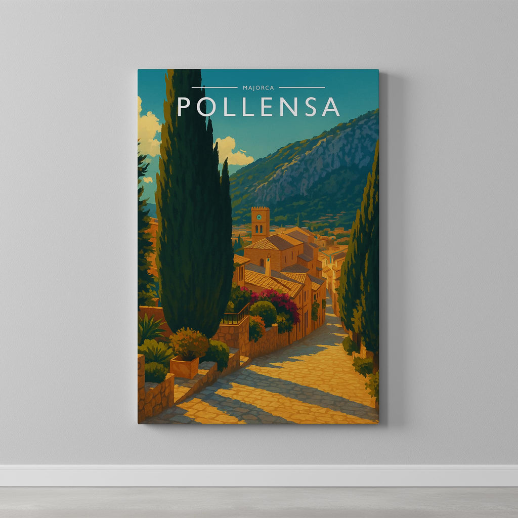 Pollensa Travel Poster as a gallery-wrapped canvas on a plain wall