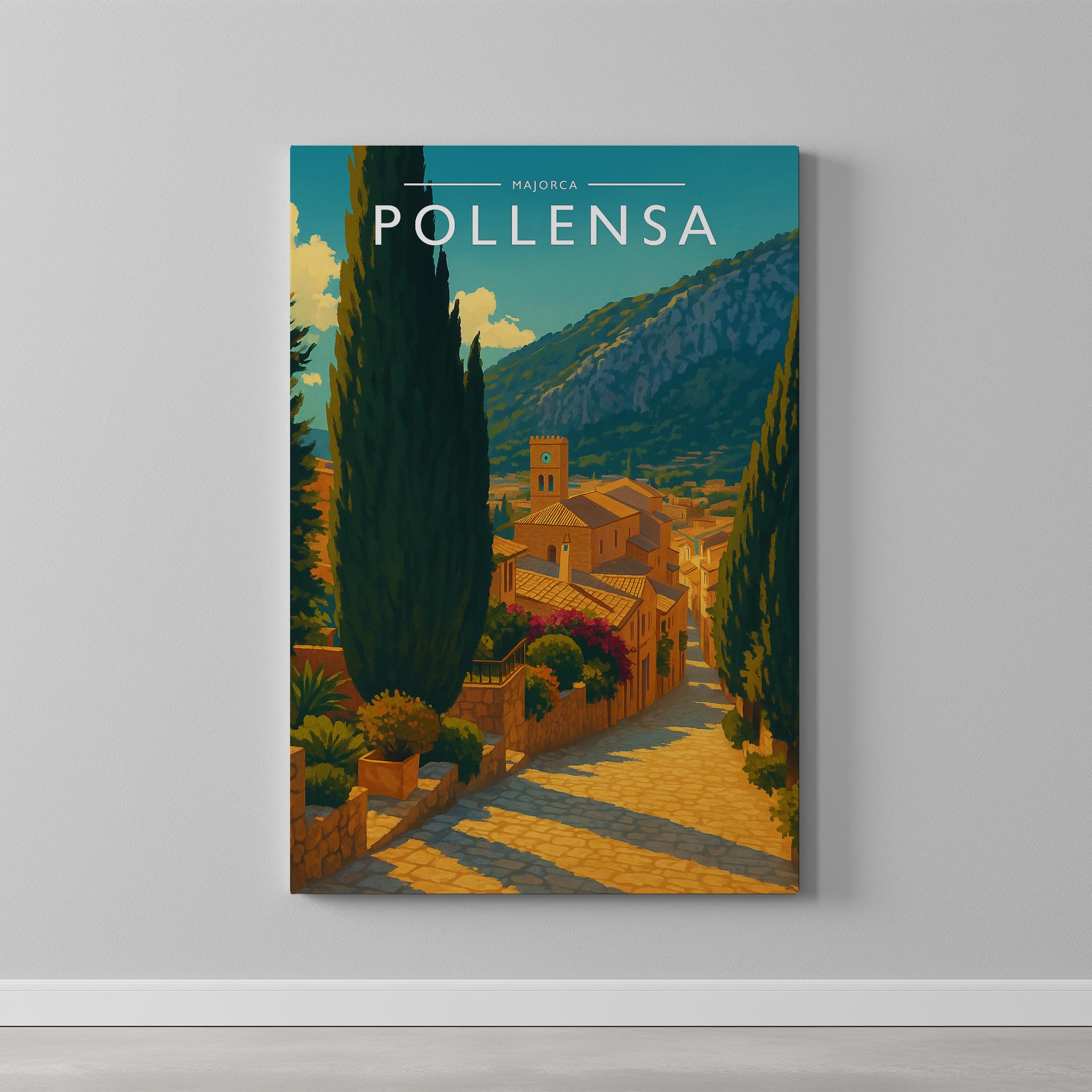 Pollensa Travel Poster as a gallery-wrapped canvas on a plain wall
